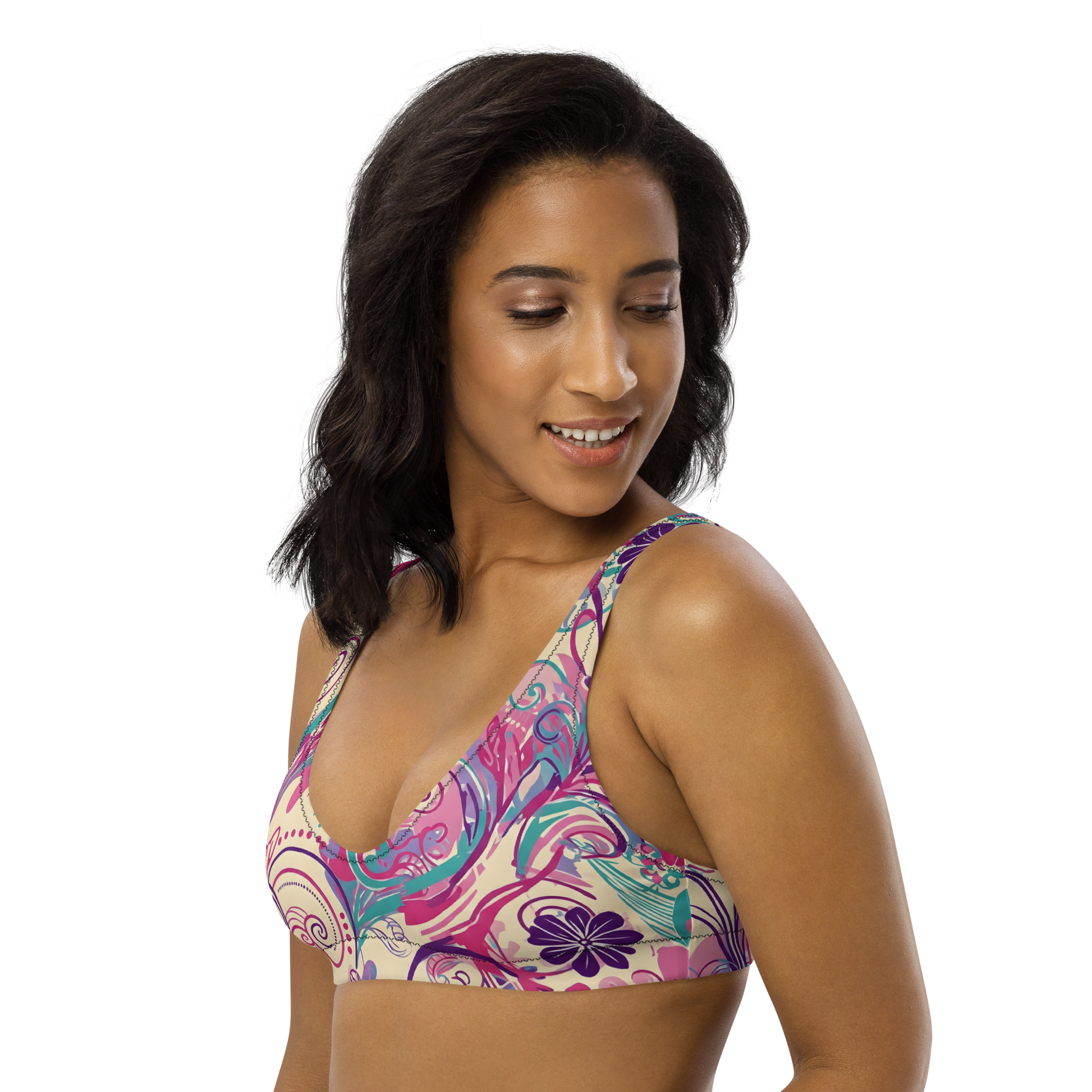 Summer Whirl Bikini Top, close-up of fabric texture and stitching details.