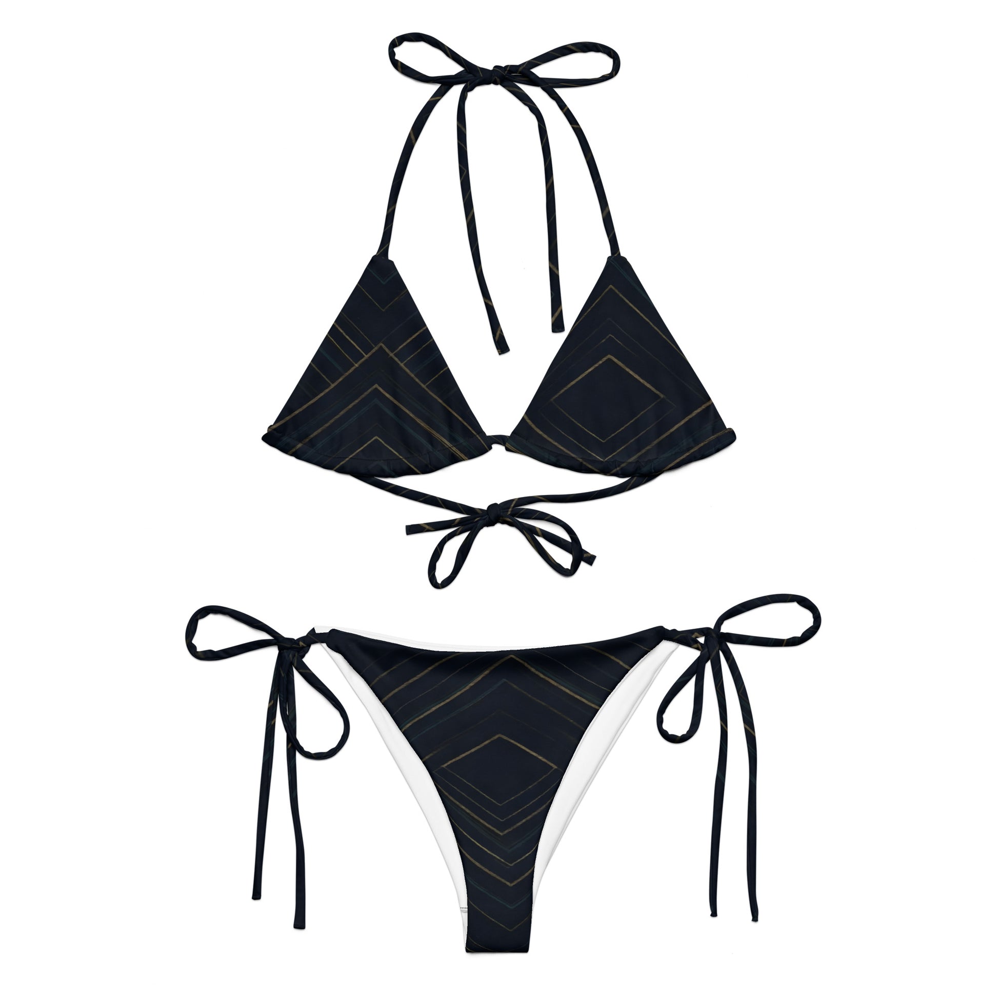 Close-up of Linear Luxe Bikini's adjustable ties and smooth, recycled fabric.