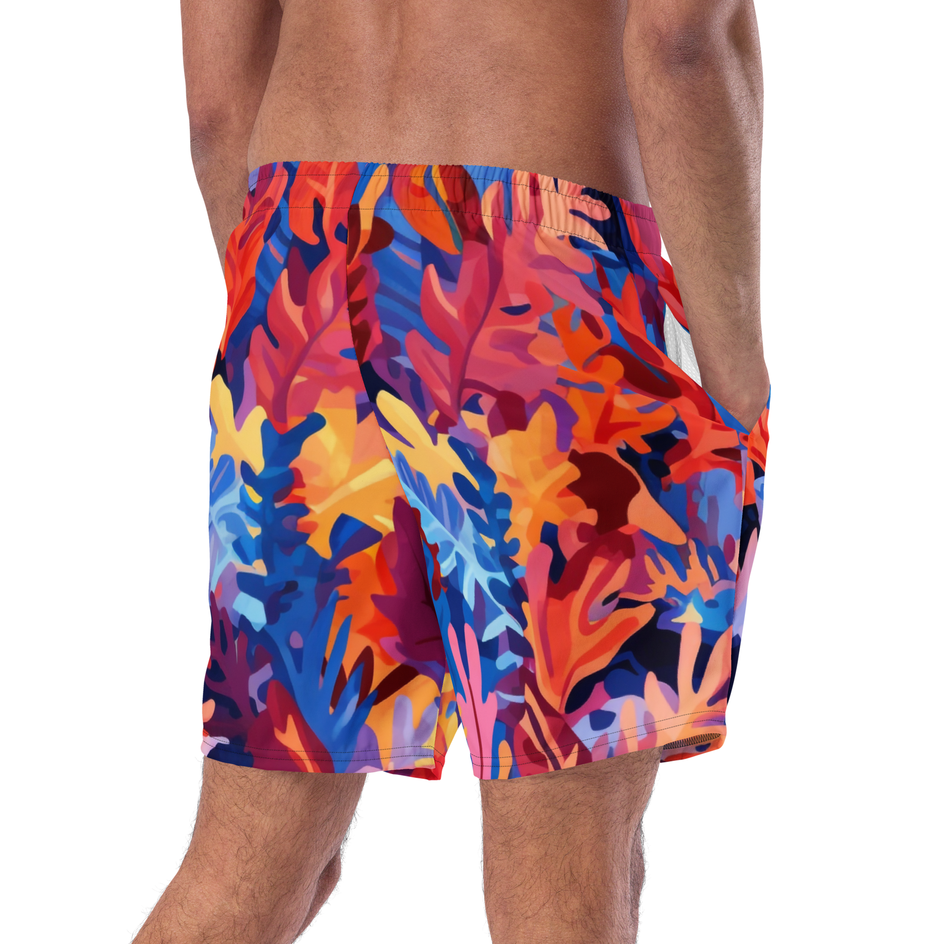 Men's Swim Trunks close-up showcasing hairy leg, emphasizing quick-dry, breathable fabric.