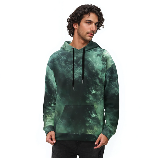 Verdveil unisex hoodie worn by a man with curly hair.