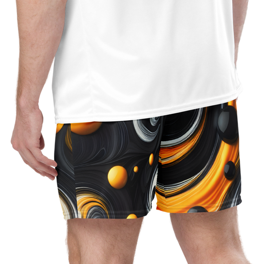 Colorful Mesh Shorts worn by man in a white shirt.