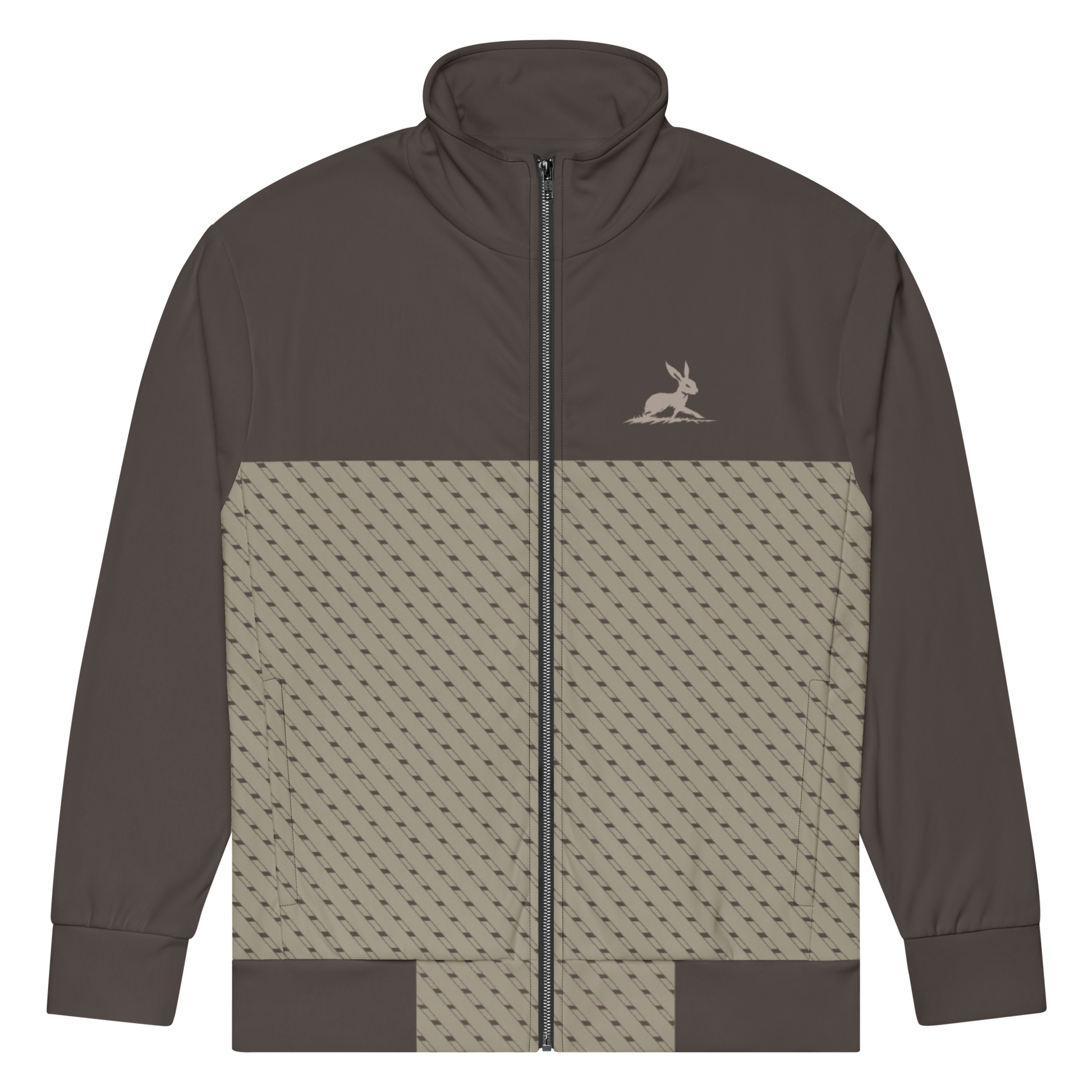 T7 Track Jacket featuring a rabbit design, zipper close-up, and fabric texture.