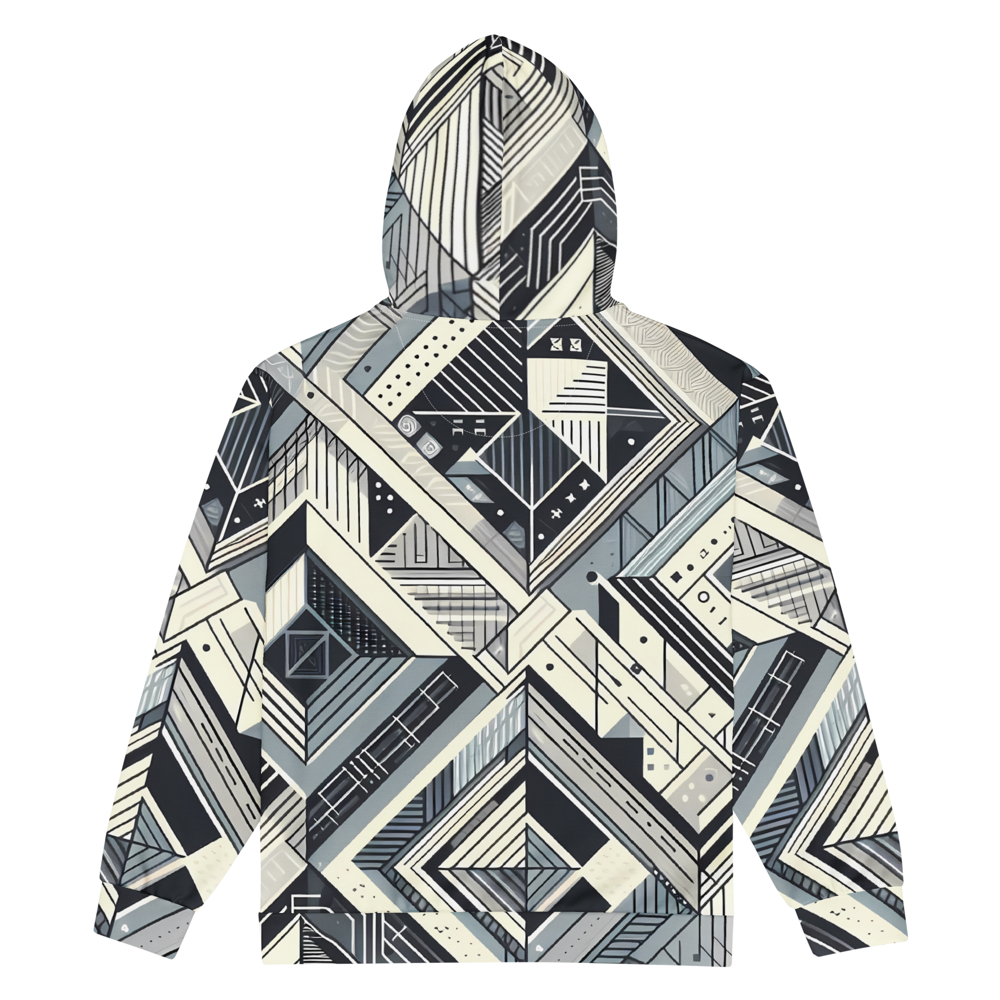 Zip hoodie of Pattern Sq, soft, recycled fabric, close-up of shirt design.