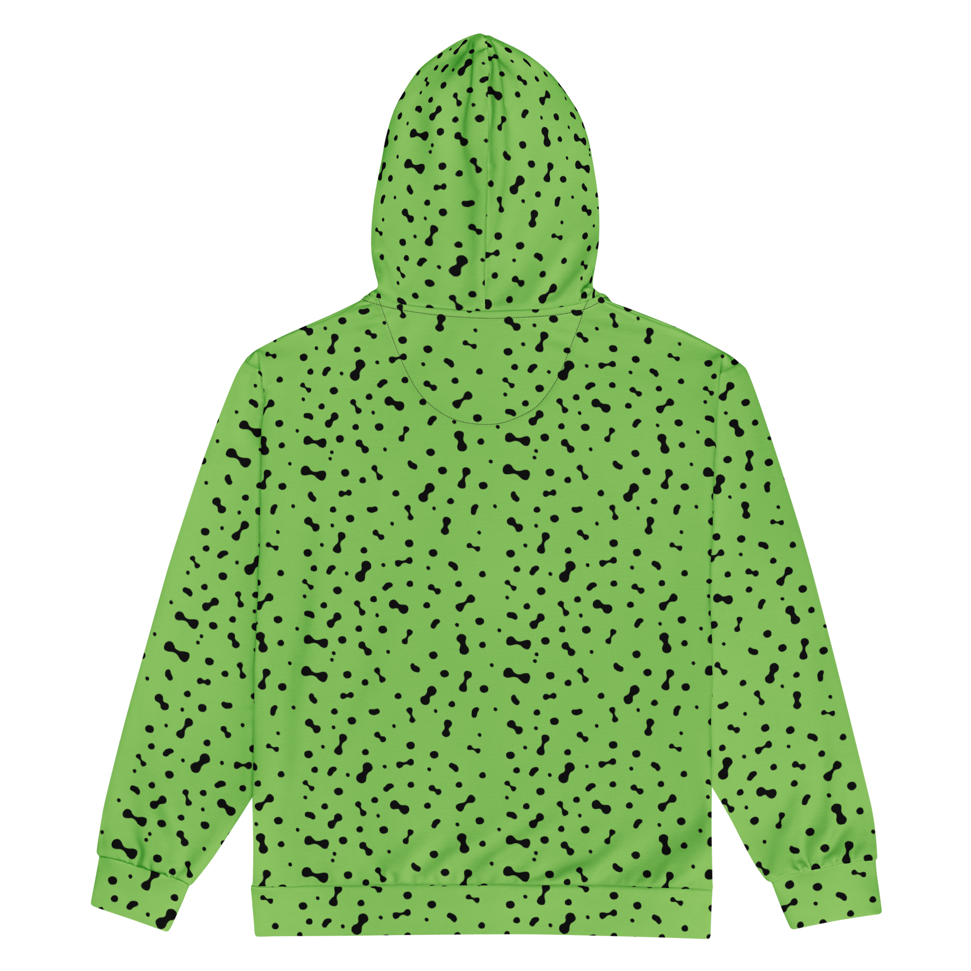 Fleca zip Hoodie with black spots, zip, and hood shown.