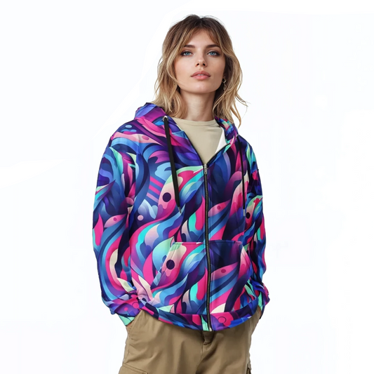 Woman wearing Master the Zip hoodie, showcasing its relaxed fit and double-lined hood.