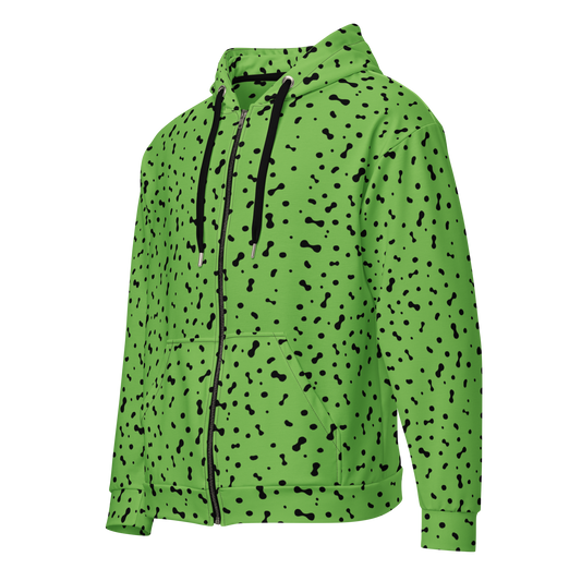 Fleca zip Hoodie featuring a unique black spot pattern and premium zipper.