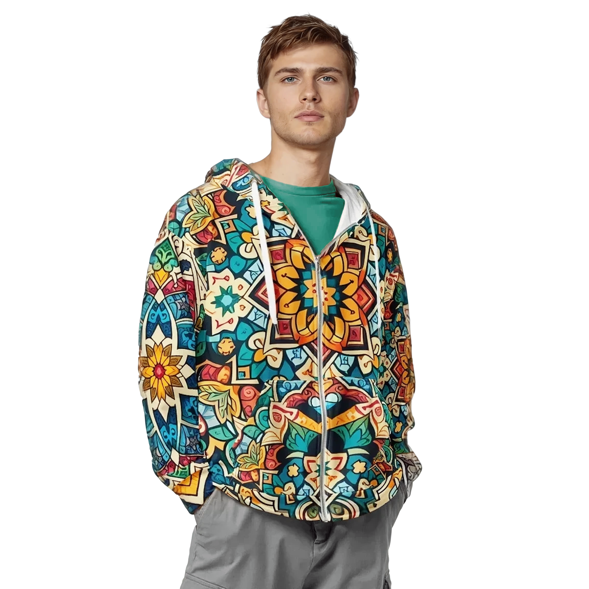 Man wearing See Wel zip hoodie with colorful pattern, showcasing casual, relaxed fit.