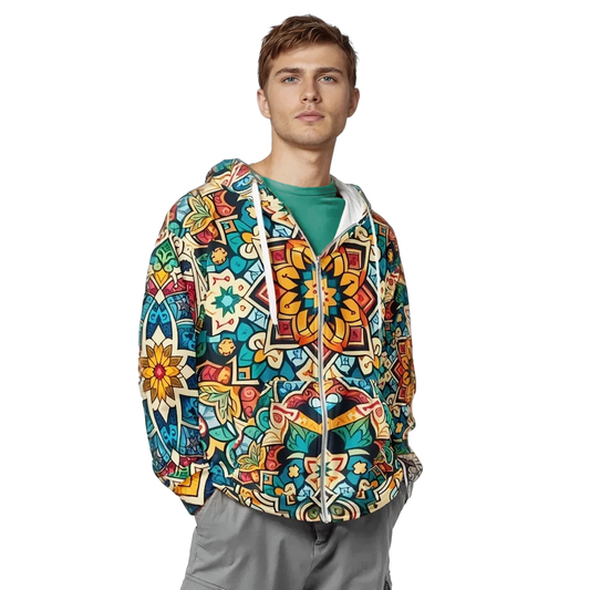 Man wearing See Wel zip hoodie with colorful pattern, showcasing casual, relaxed fit.