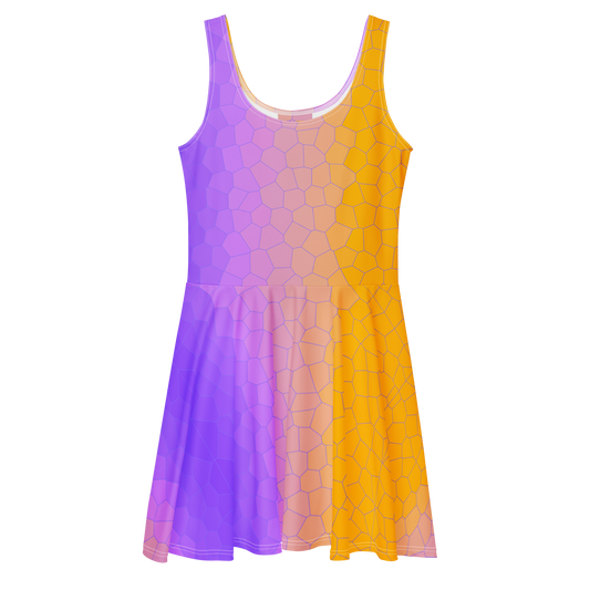 Sleeveless Skater Dress with flared, patterned design and elastic waist.