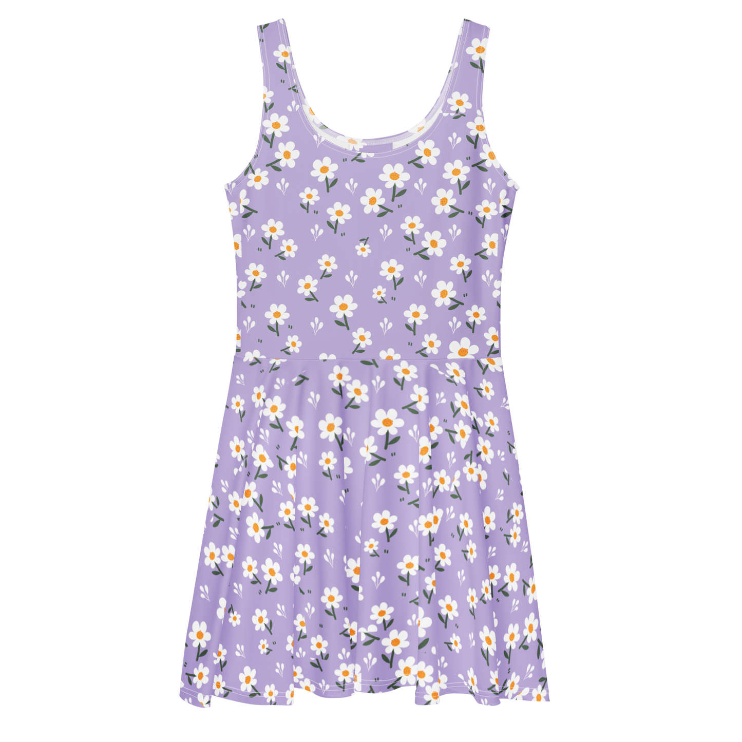 Skater Dress 1: Sleeveless, flared, purple with white floral pattern.