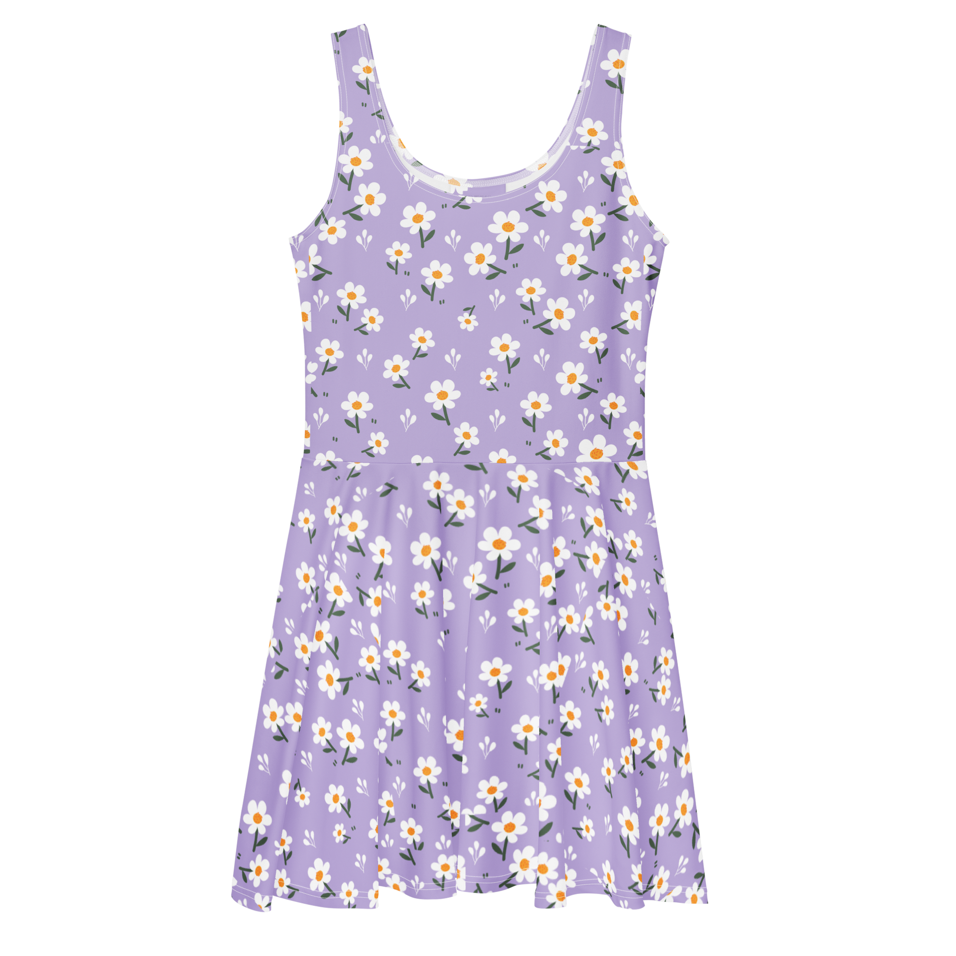 Skater Dress 1: Sleeveless, flared, purple with white floral pattern.