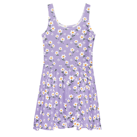 Skater Dress 1: Sleeveless, flared, purple with white floral pattern.