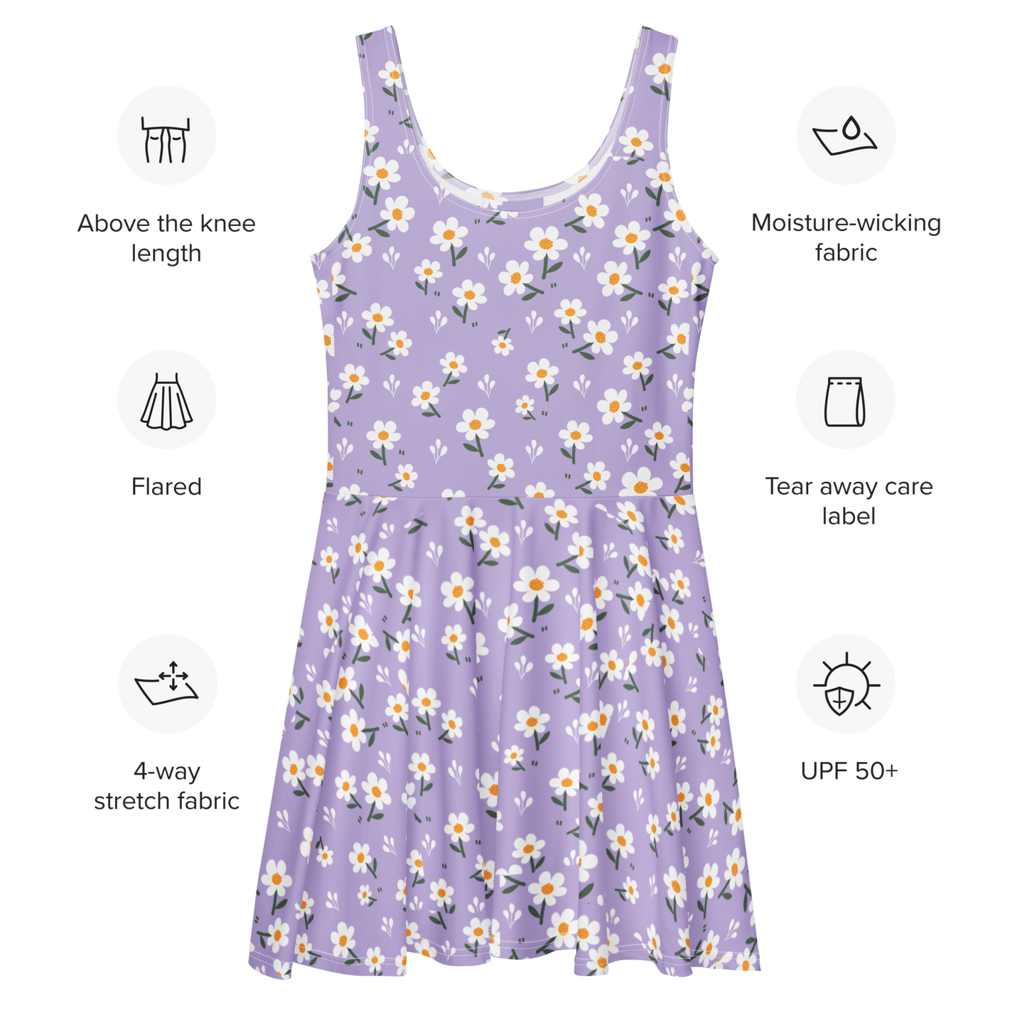 Skater Dress 1: sleeveless with white floral pattern on purple fabric.
