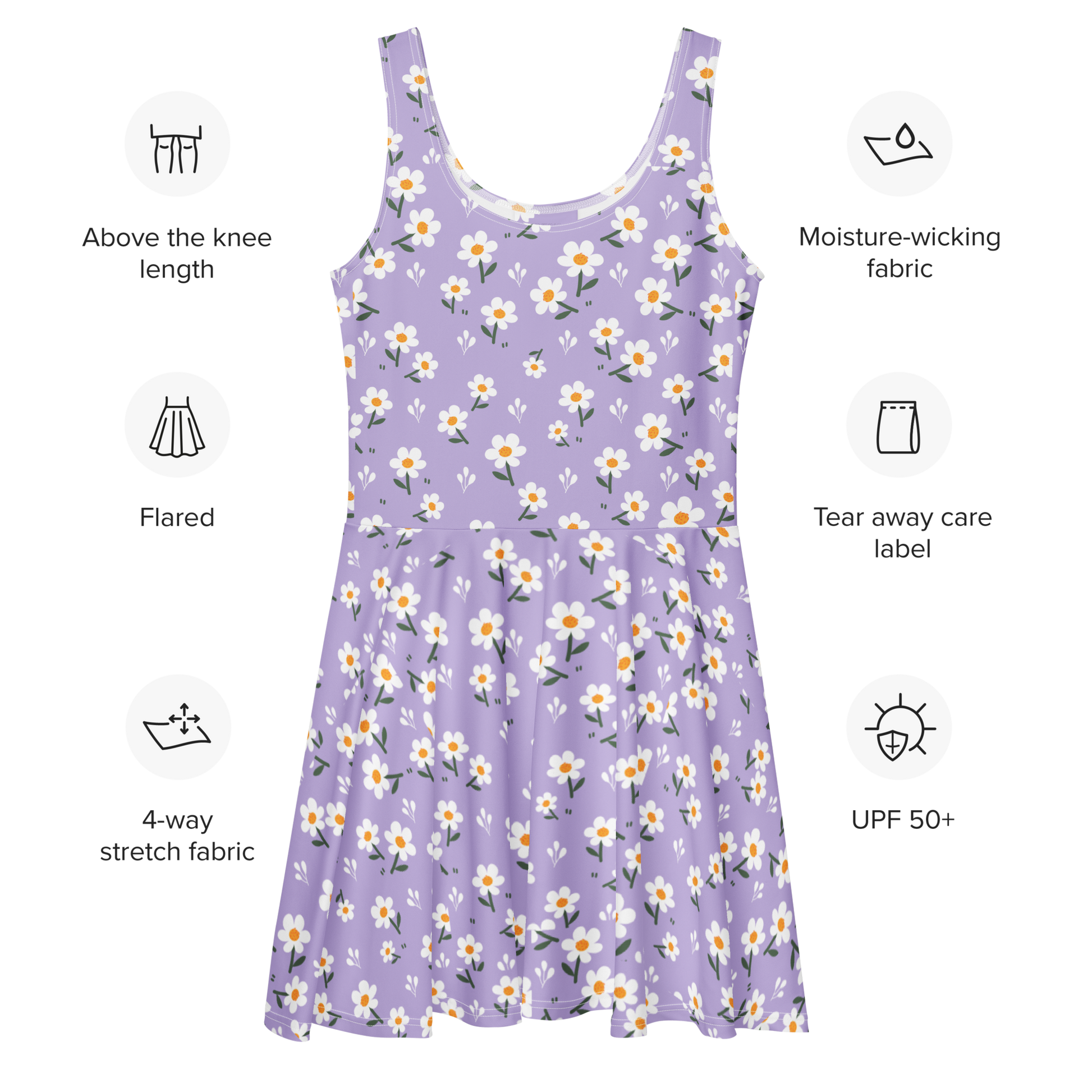 Skater Dress 1: sleeveless with white floral pattern on purple fabric.