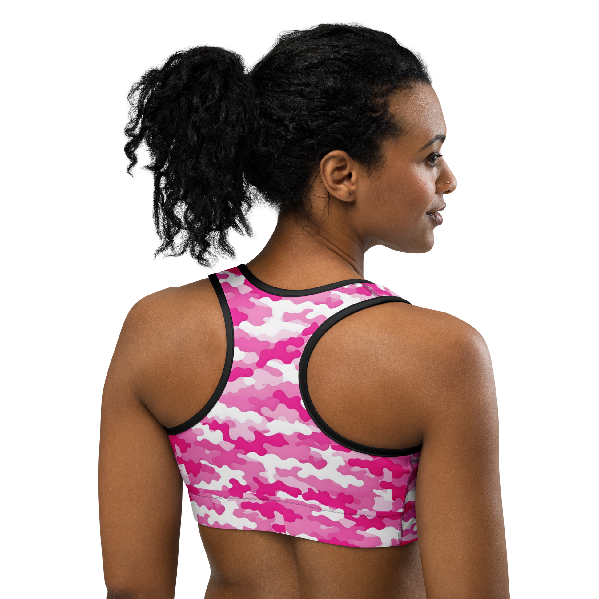 Pink Camo Sports Bra on model, showcasing scoop neckline and racerback design.
