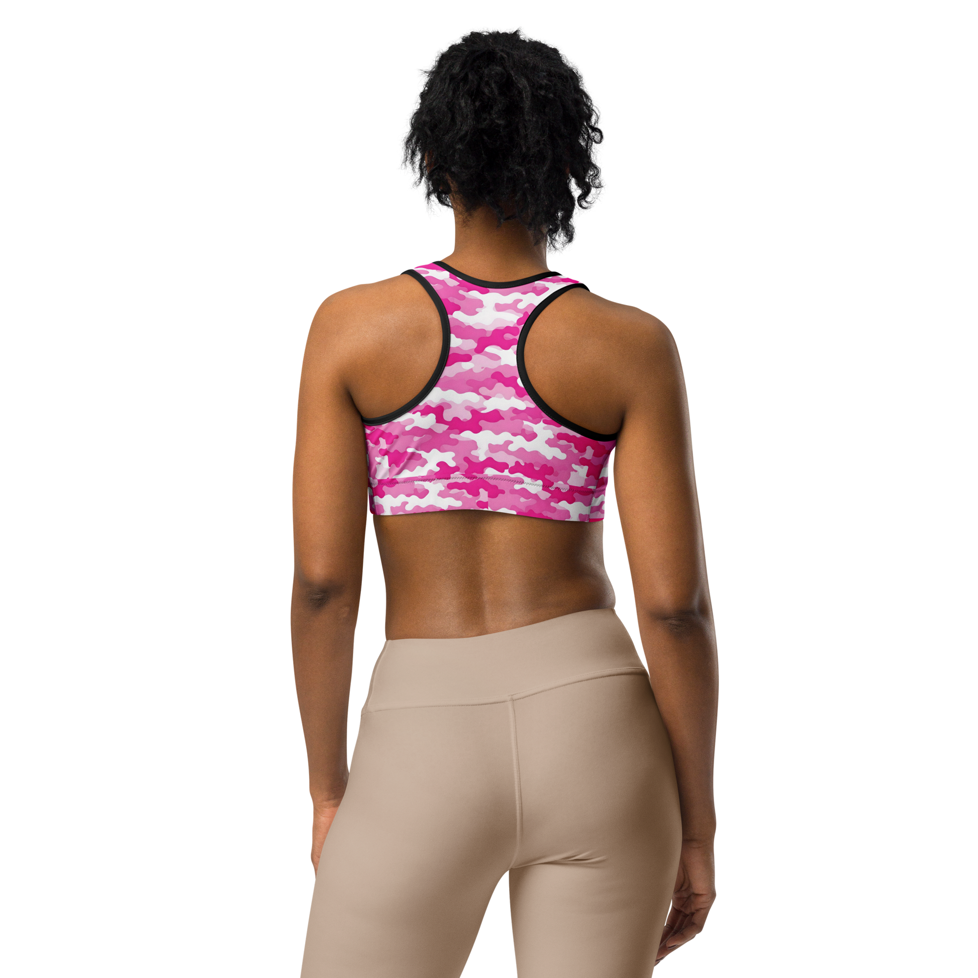 Pink Camo Sports Bra with racerback, supportive straps, and wide elastic band.
