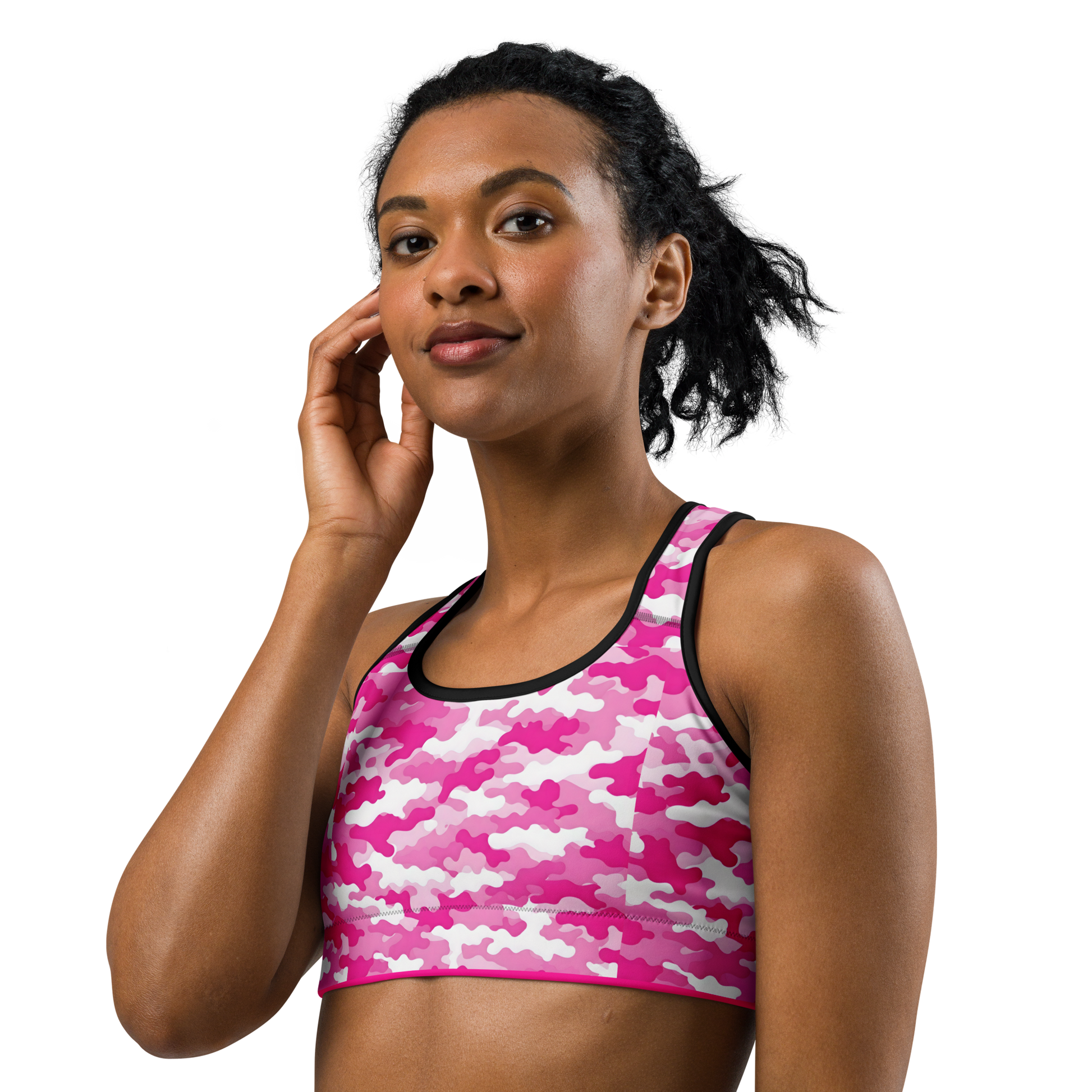 Pink Camo Sports Bra: Close-up of supportive racerback design and scoop neckline.