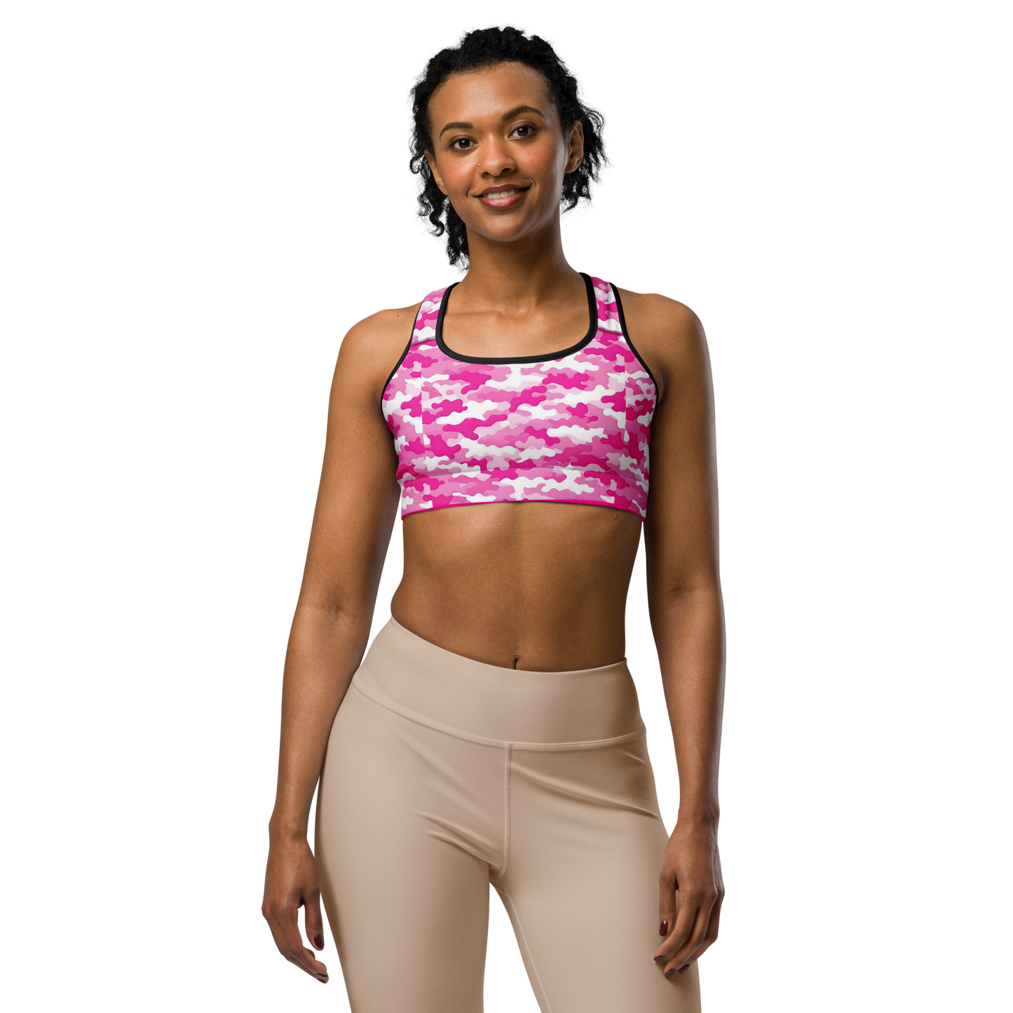 Pink Camo Sports Bra; close-up of supportive scoop neck and racerback design.