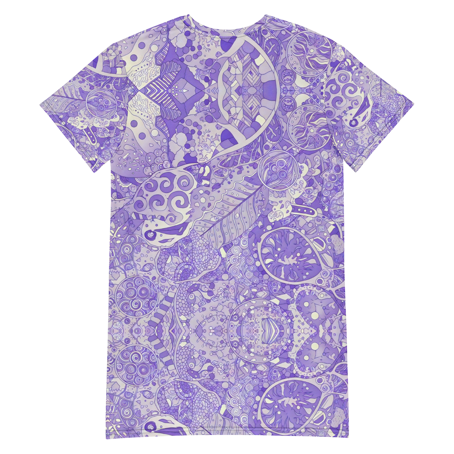 Lilaea's Labyrinth Dress with a purple and white pattern.