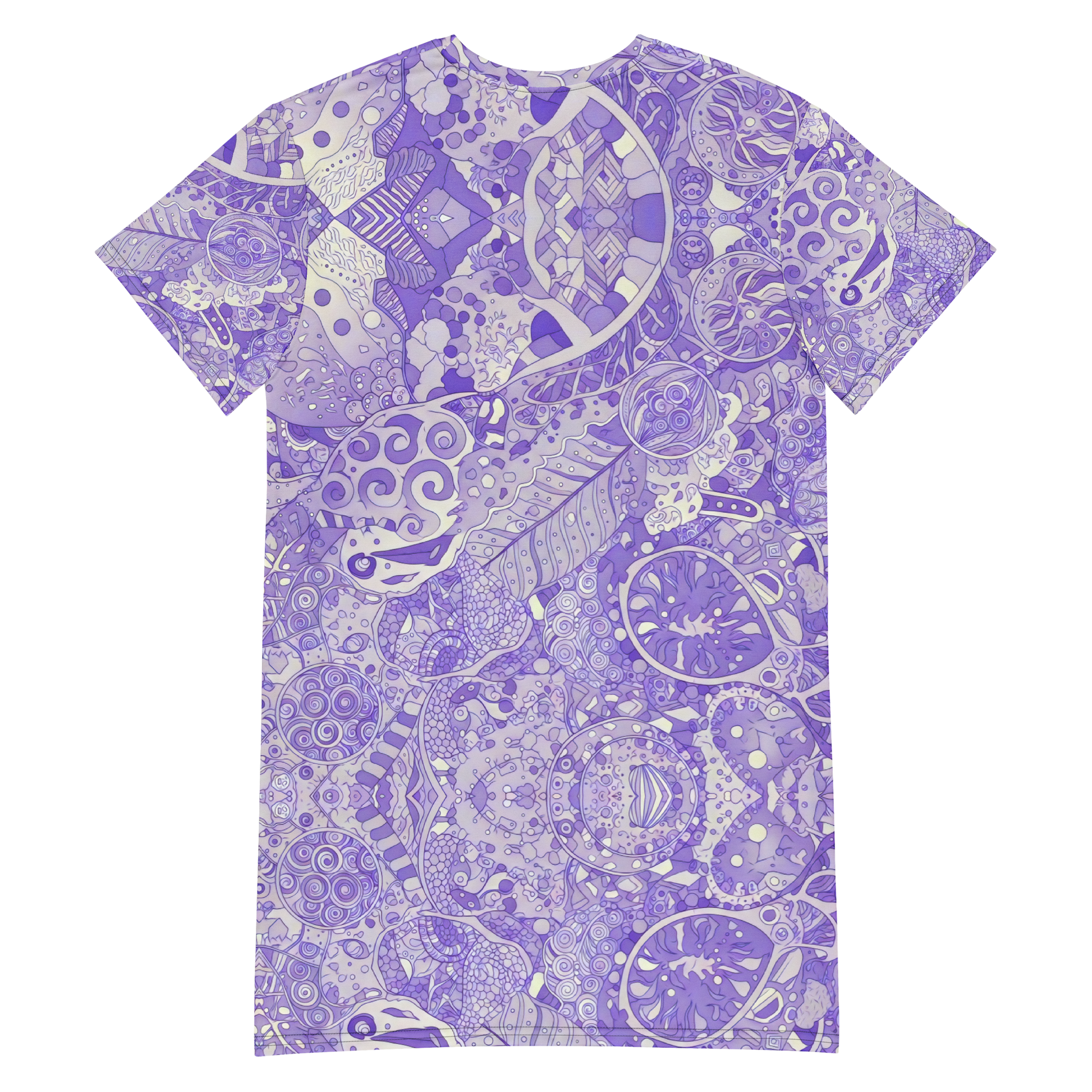 Lilaea's Labyrinth Dress with a purple and white pattern.