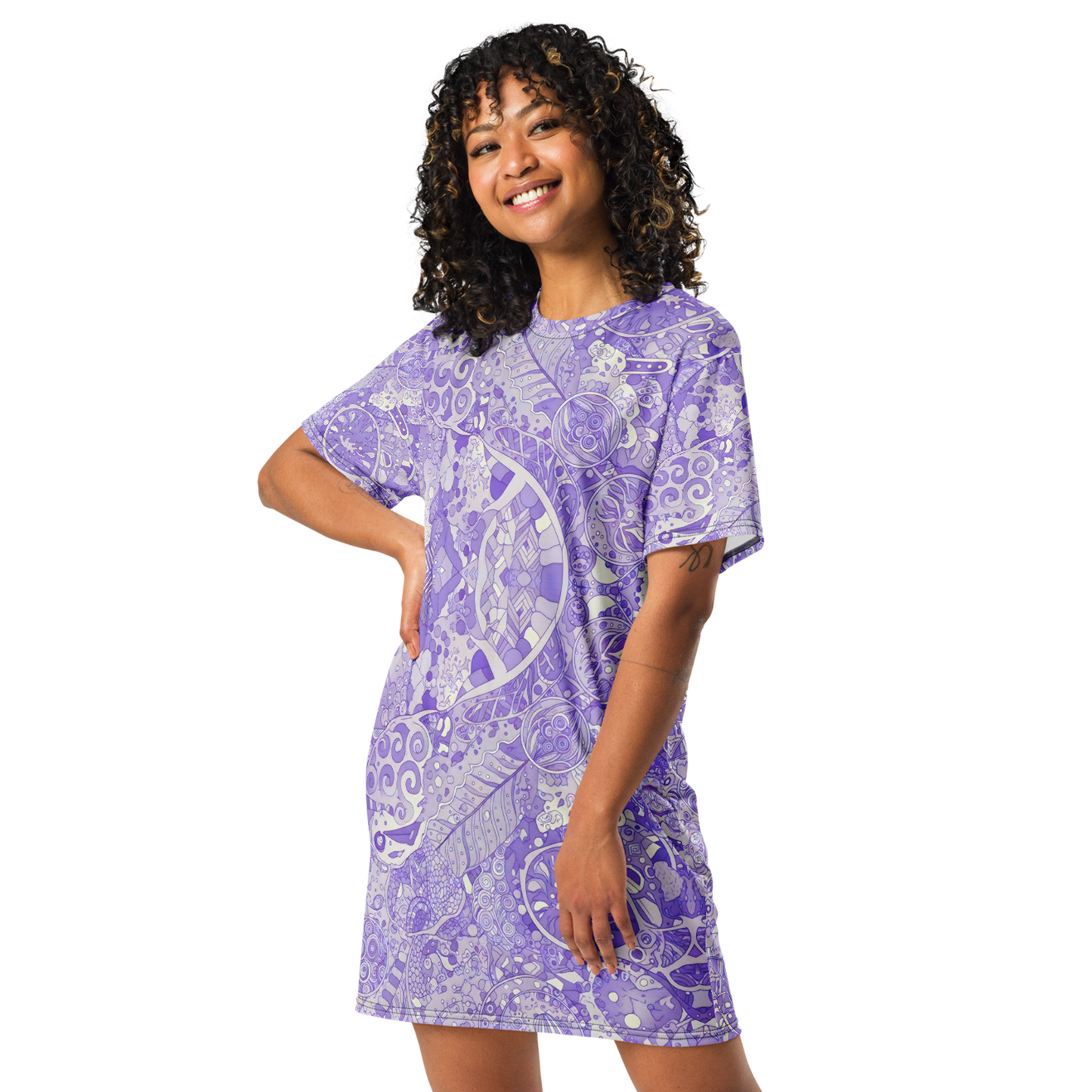 Woman in Lilaea's Labyrinth Dress, smiling, showcasing its versatile, oversized fit.