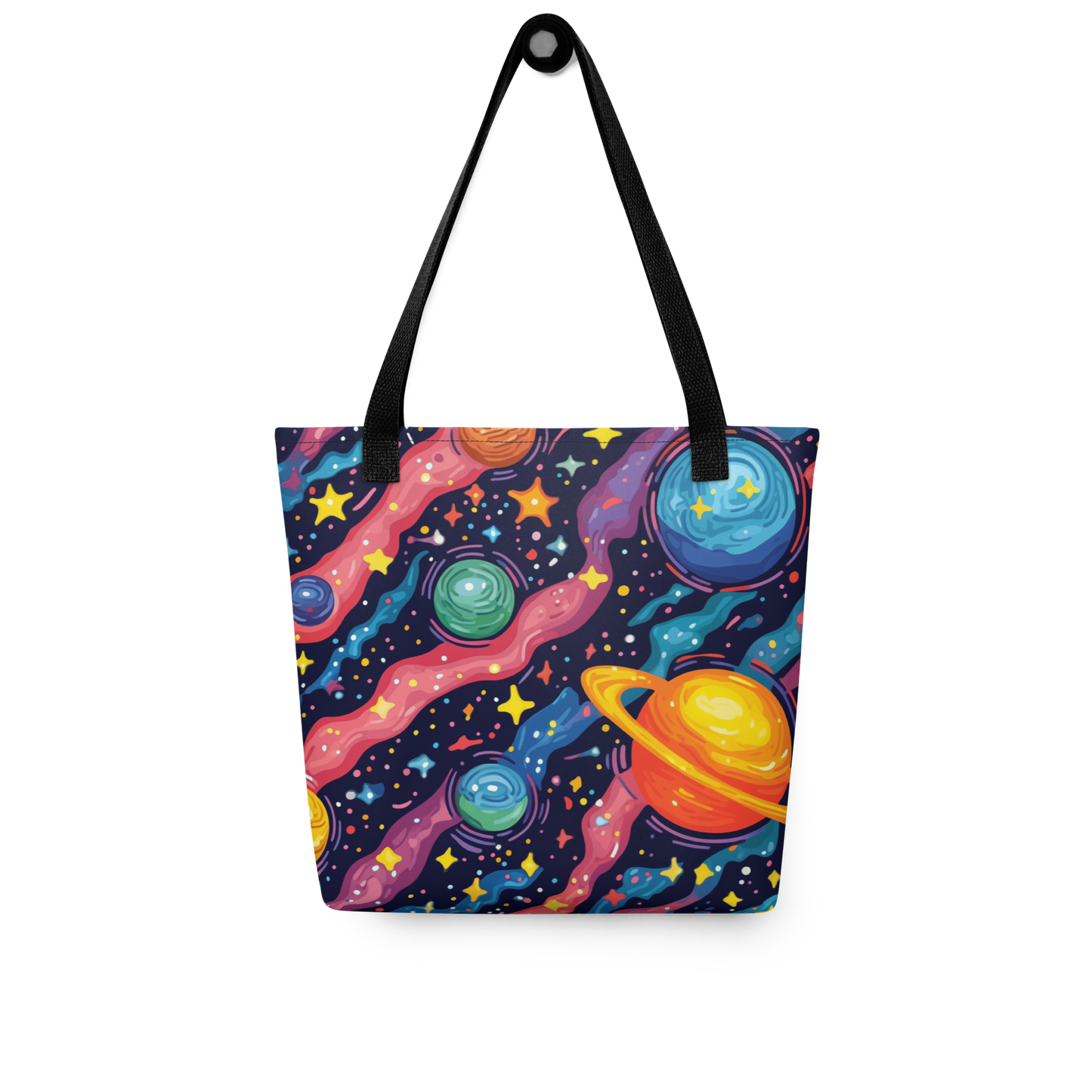 Tote the Universe bag featuring planets and stars design, spacious and stylish.