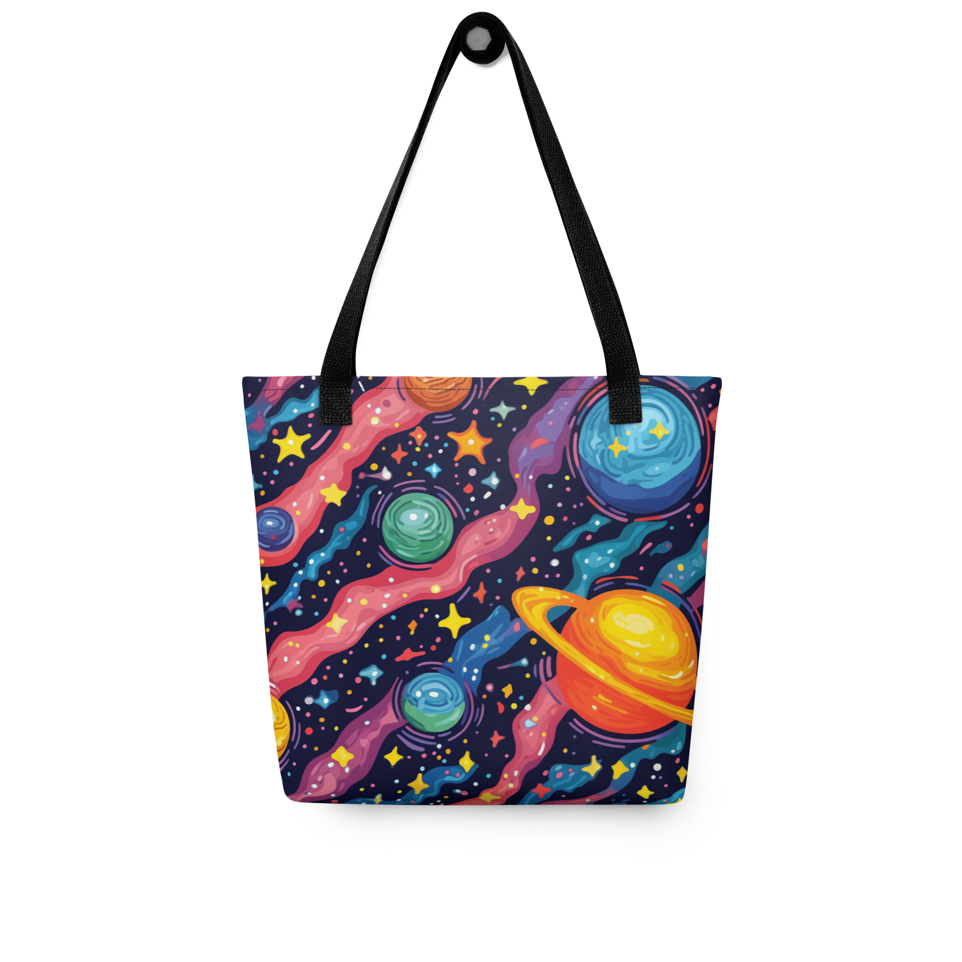 Tote the Universe bag featuring planets and stars design, spacious and stylish.
