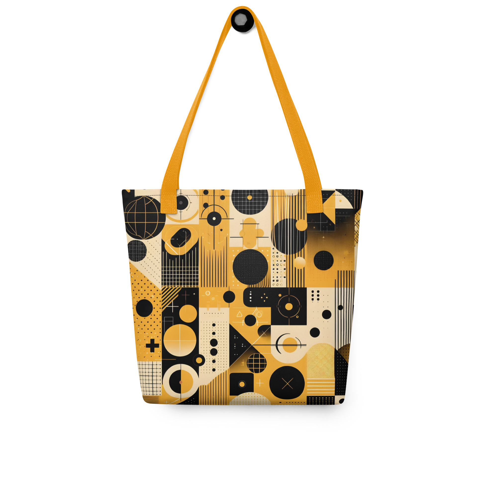 Cadence Tote close-up; guitar logo, dotted black circle design.