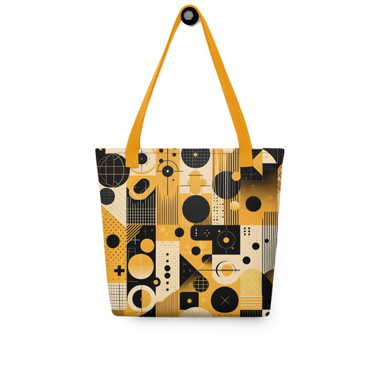 Cadence Tote close-up; guitar logo, dotted black circle design.
