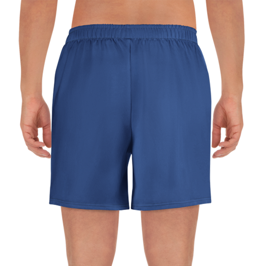 Men's Athletic Shorts 3: Long, blue shorts with mesh pockets, ideal for sports.