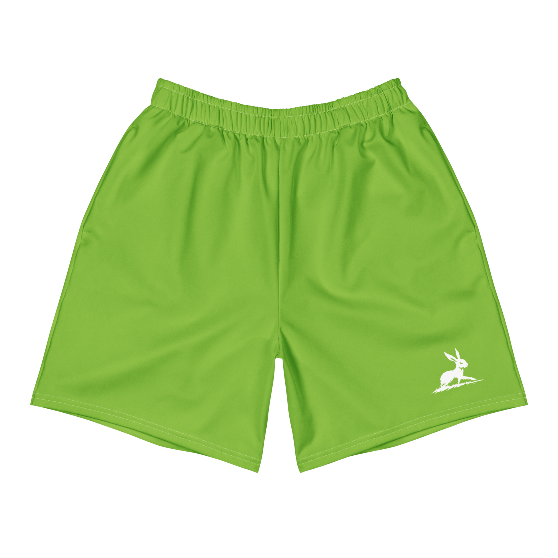 Men's Athletic Shorts 2 with white rabbit design on green fabric.