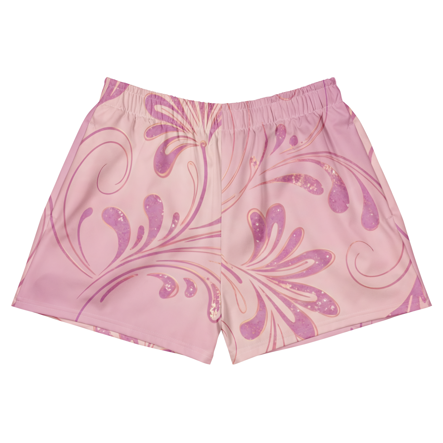 Pink Floral Shorts with mesh side pockets and elastic waistband.