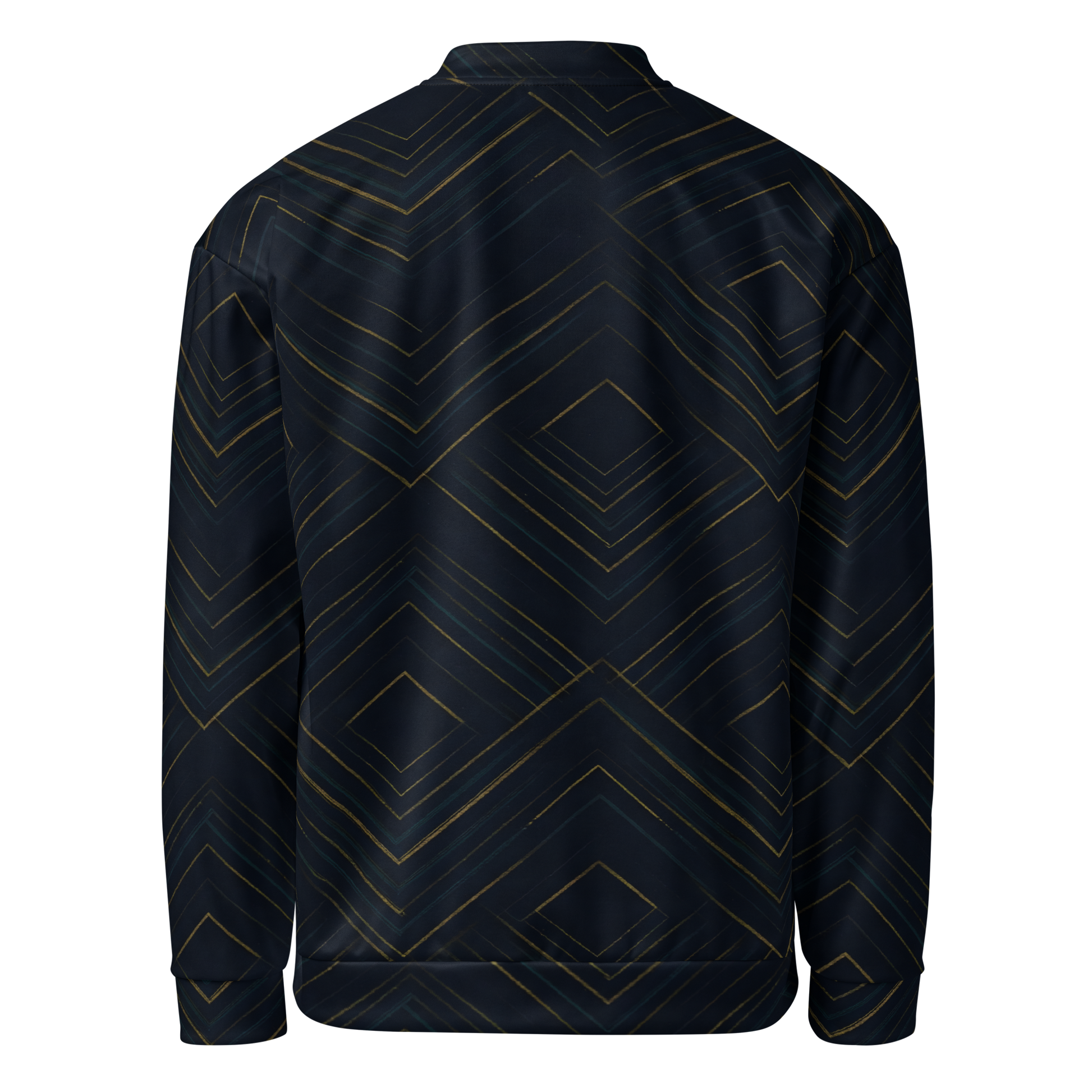 The Meridian: black bomber jacket with gold lines, fleece lining.
