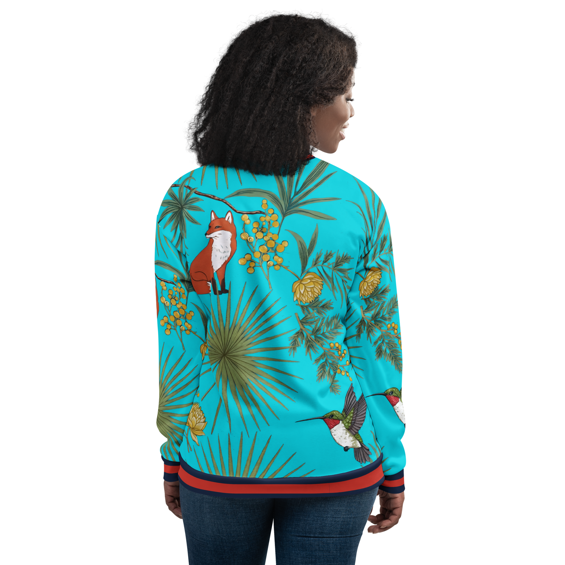 Tropical Bloom bomber jacket, bold print, relaxed fit, cozy fleece lining.