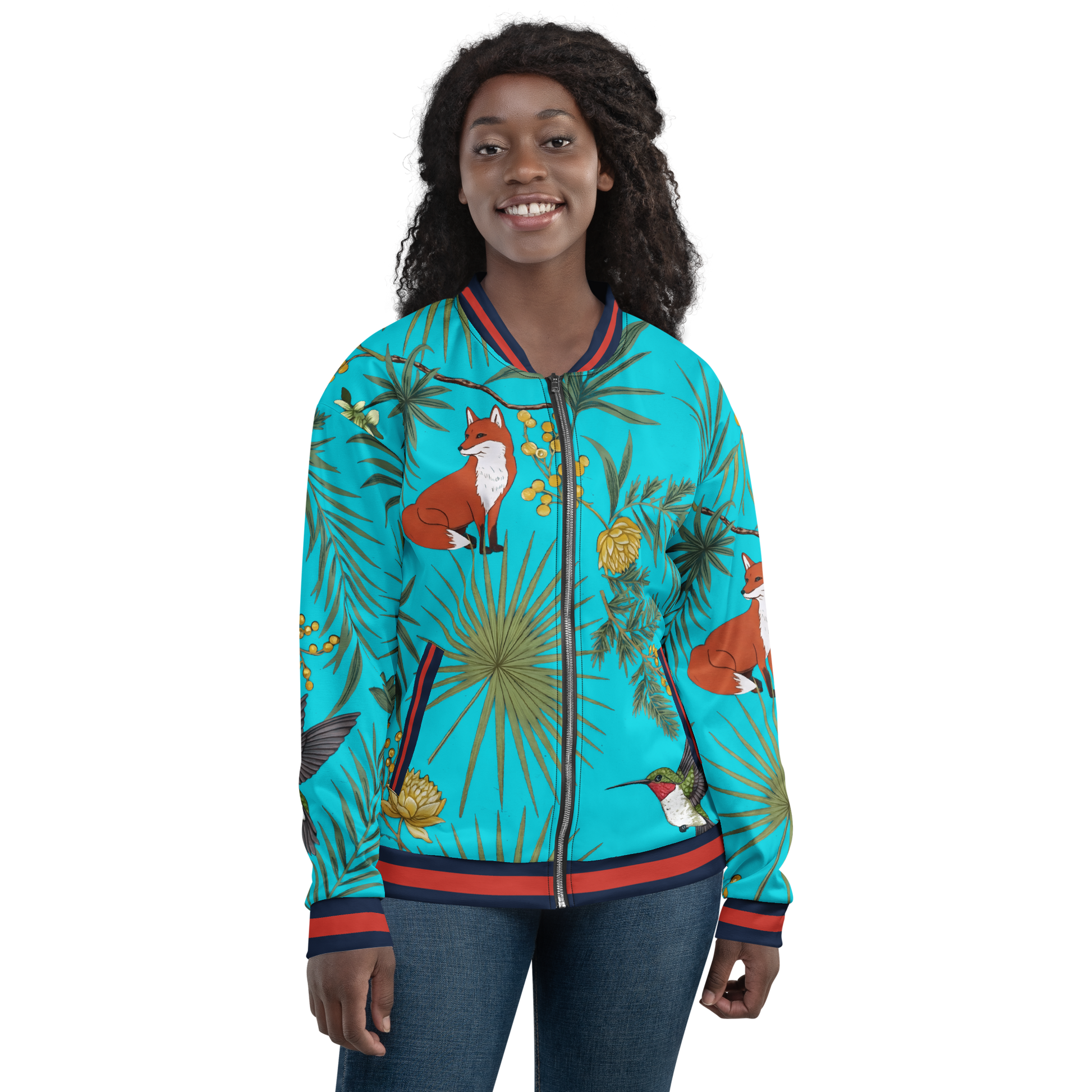 Tropical Bloom bomber jacket with bold print and relaxed fit.