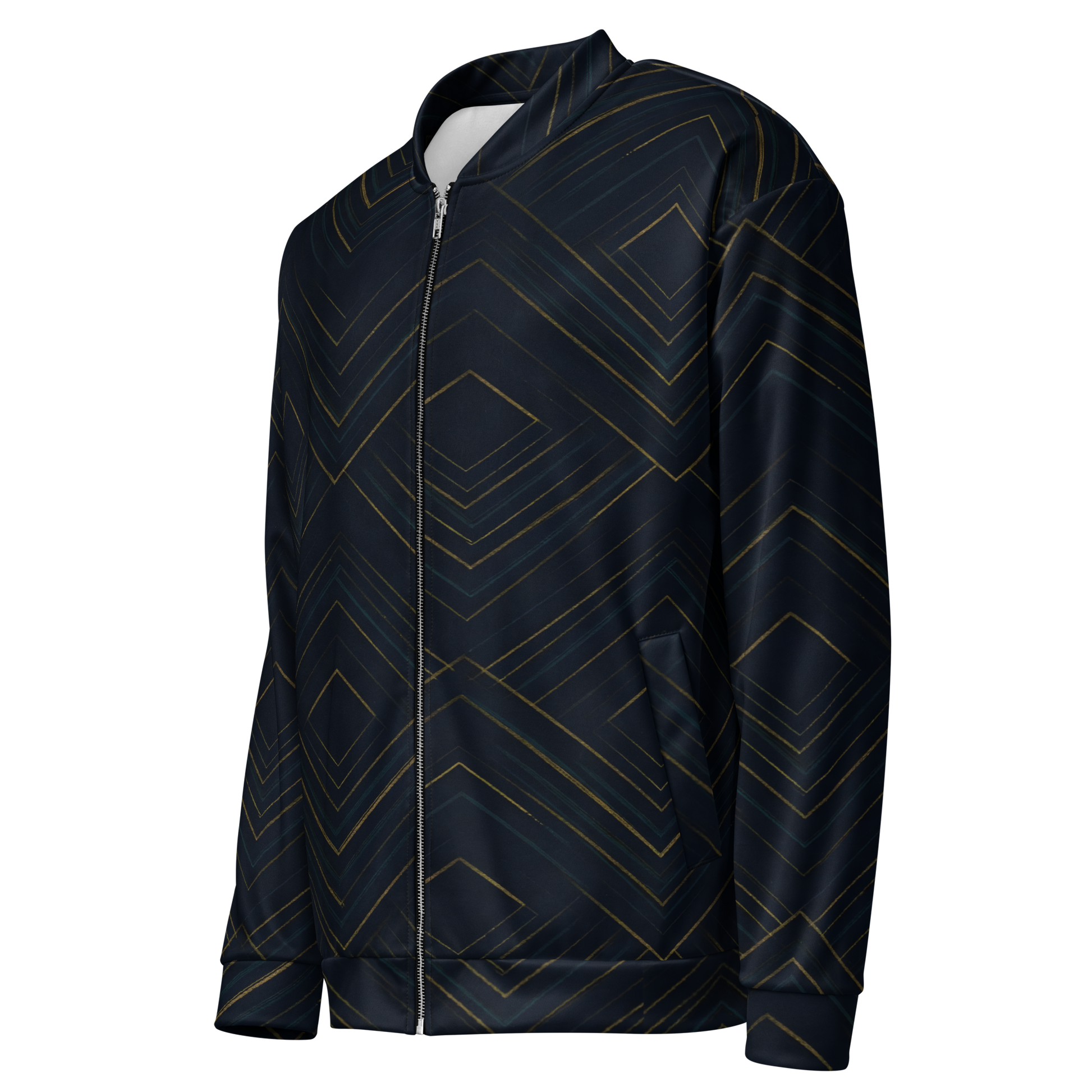 The Meridian bomber jacket with gold lines and brushed fleece lining.