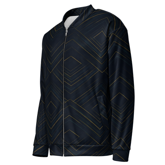 The Meridian bomber jacket with gold lines and brushed fleece lining.