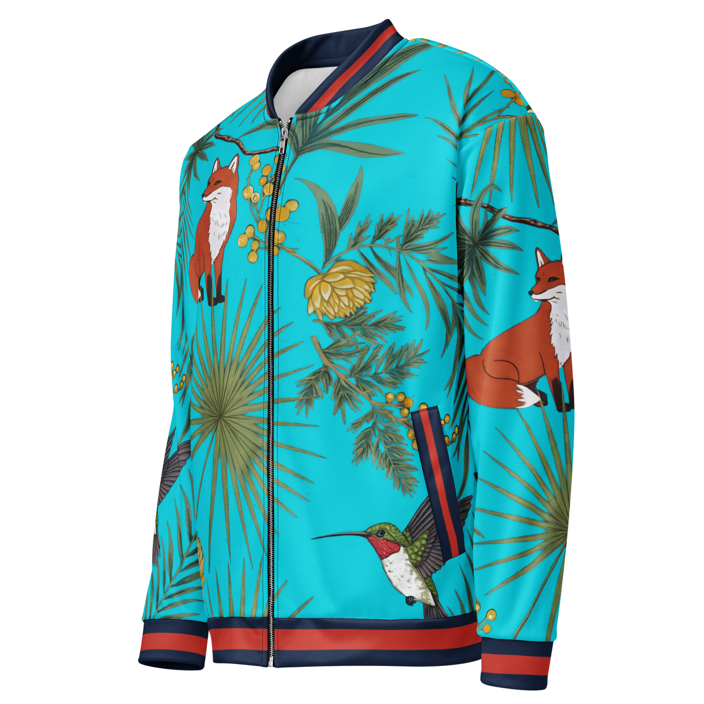 Tropical Bloom bomber jacket with zipper, showcasing bold, all-over print.