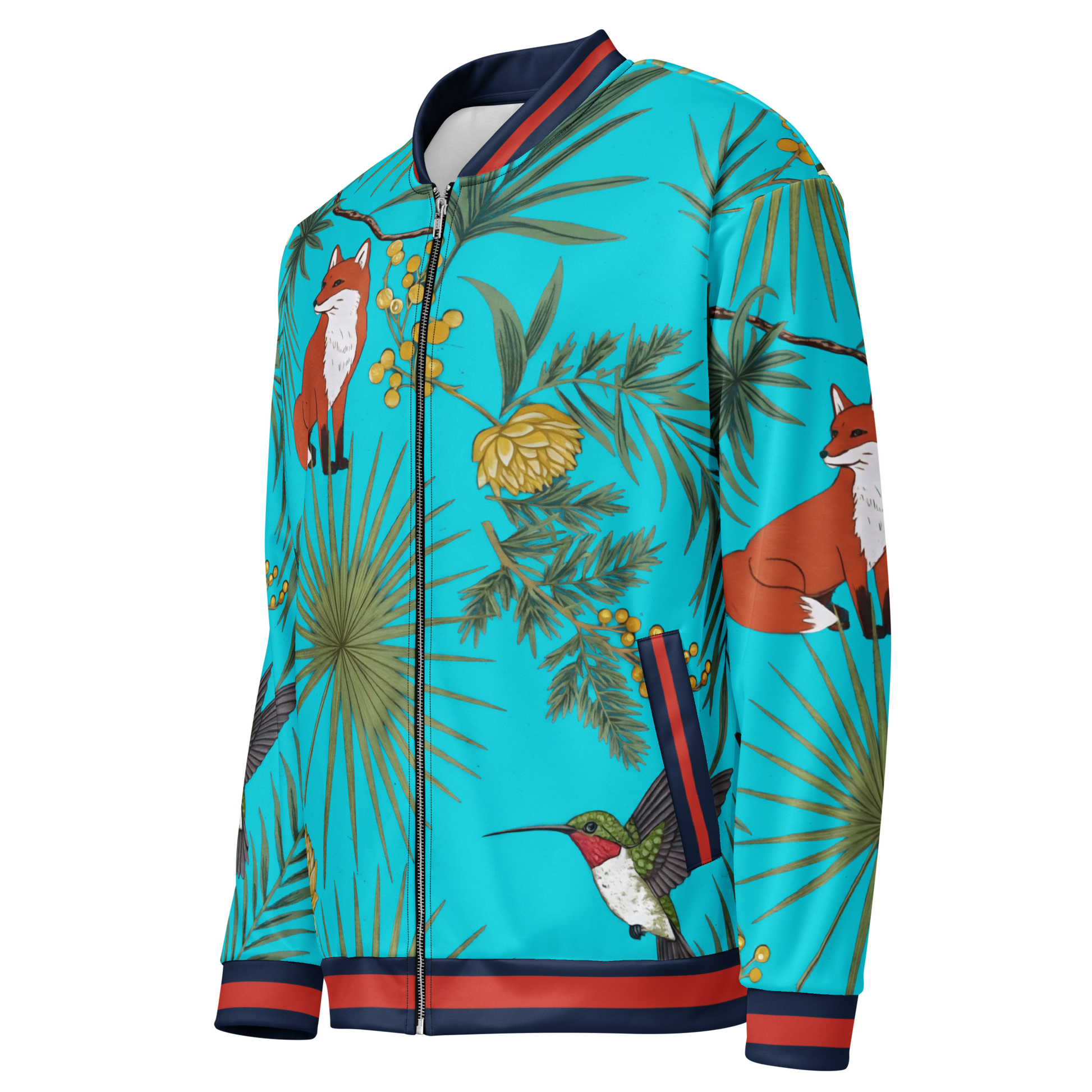 Tropical Bloom bomber jacket with zipper, showcasing bold, all-over print.