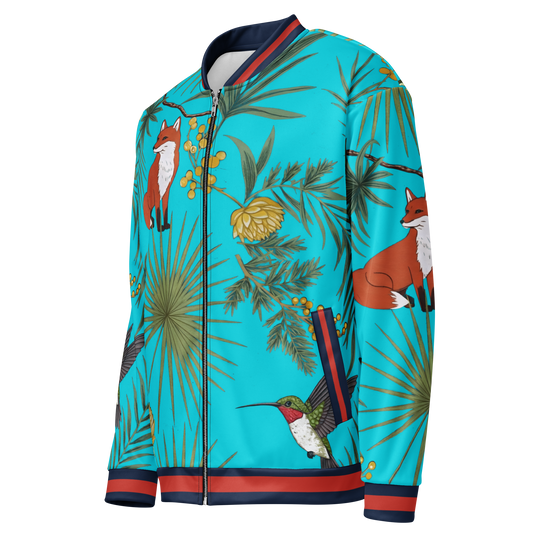 Tropical Bloom bomber jacket with zipper, showcasing bold, all-over print.