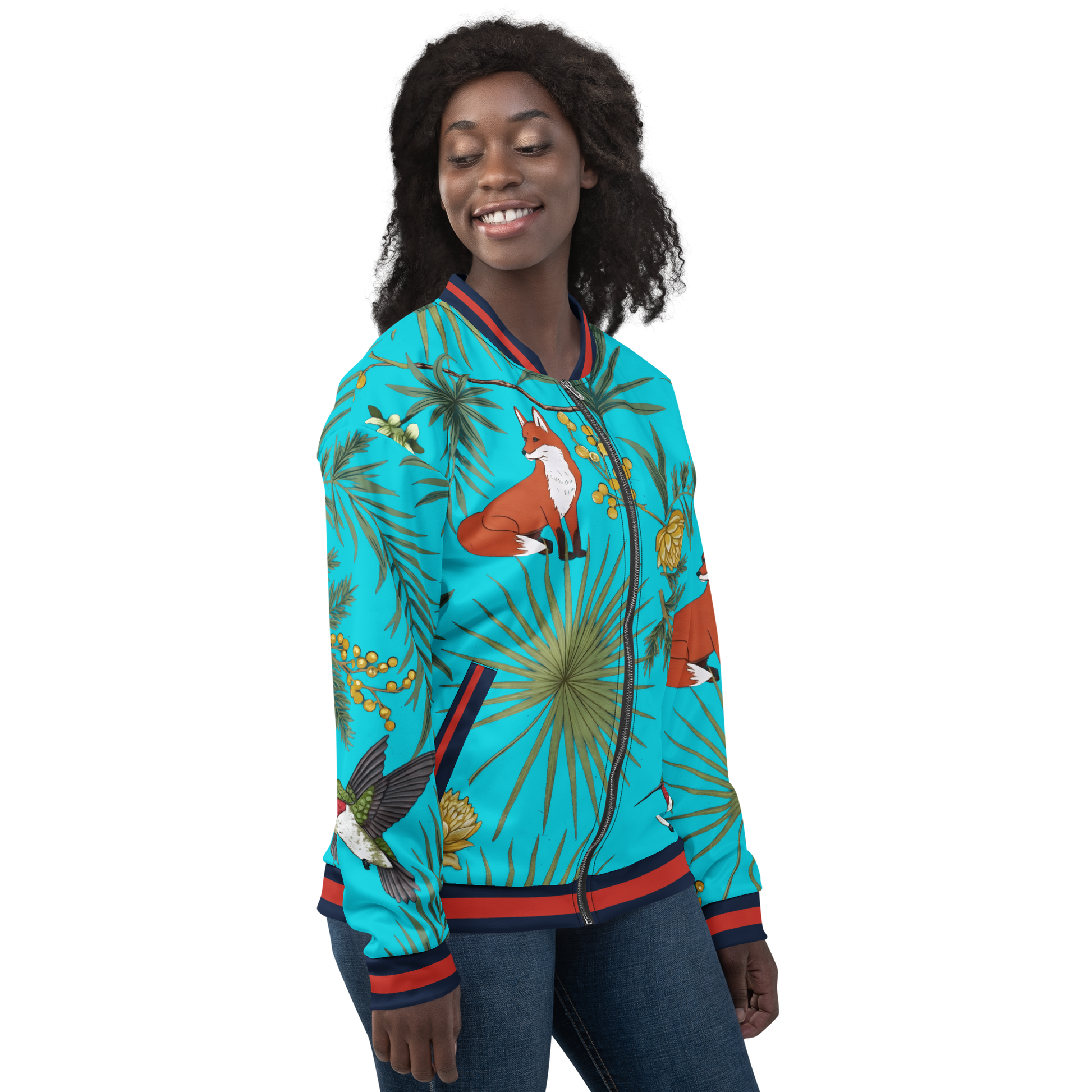 Tropical Bloom bomber jacket on woman's neck and shoulder close-up.