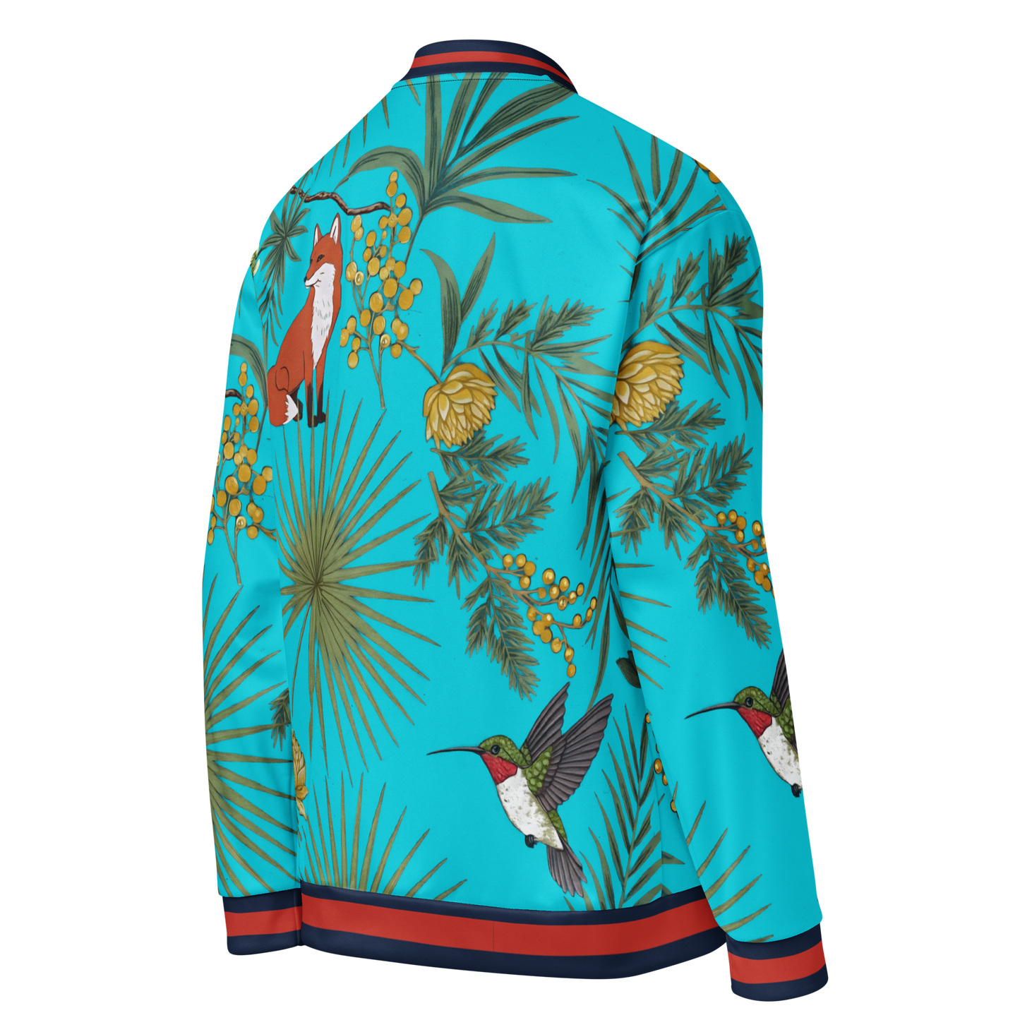 Tropical Bloom bomber jacket featuring a hummingbird and yellow flower print.