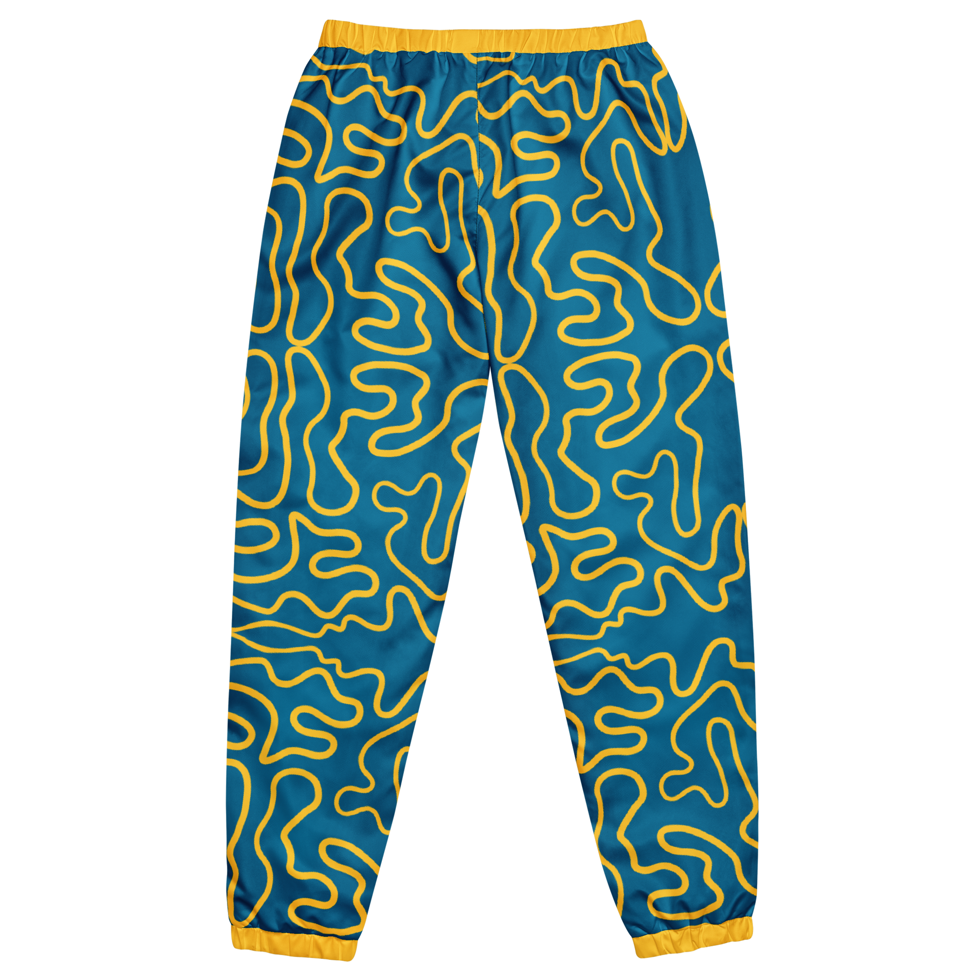 Wavy Line Track Pants close-up, showcasing elastic cuffs and yellow lines.