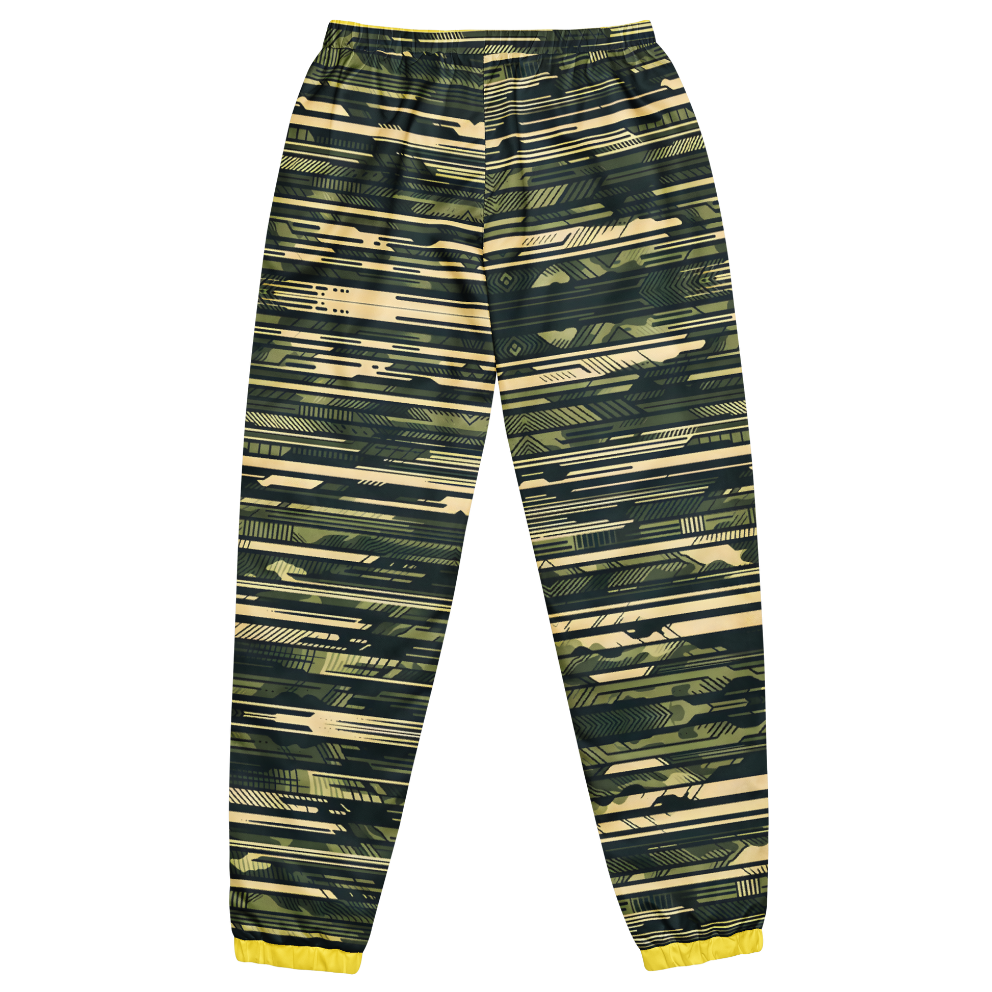 Camo Style Track Pants with pattern, elastic cuffs, and zip pockets.