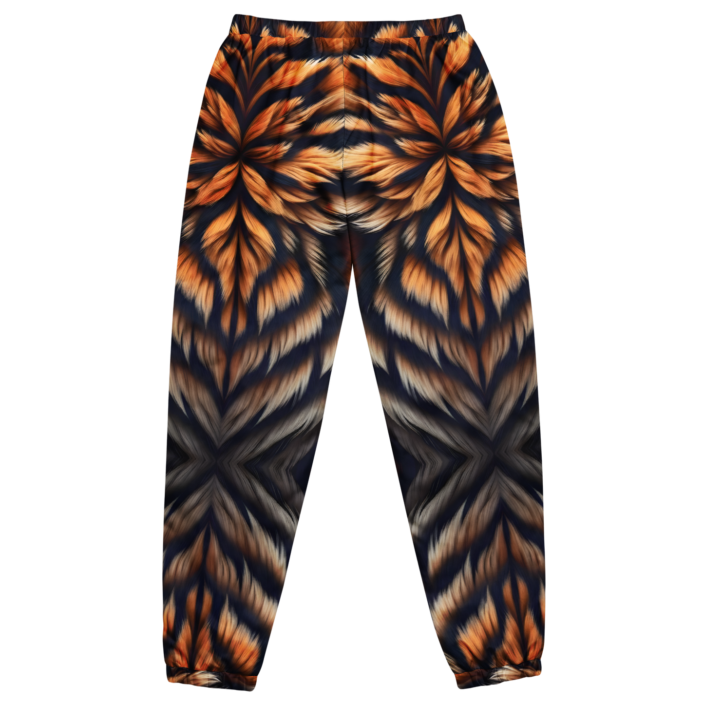 Ember Tiger Track Pants with tiger fur pattern, elastic cuffs.