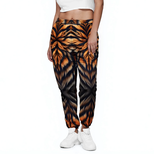 Ember Tiger Track Pants with elastic cuffs showcasing sneakers.