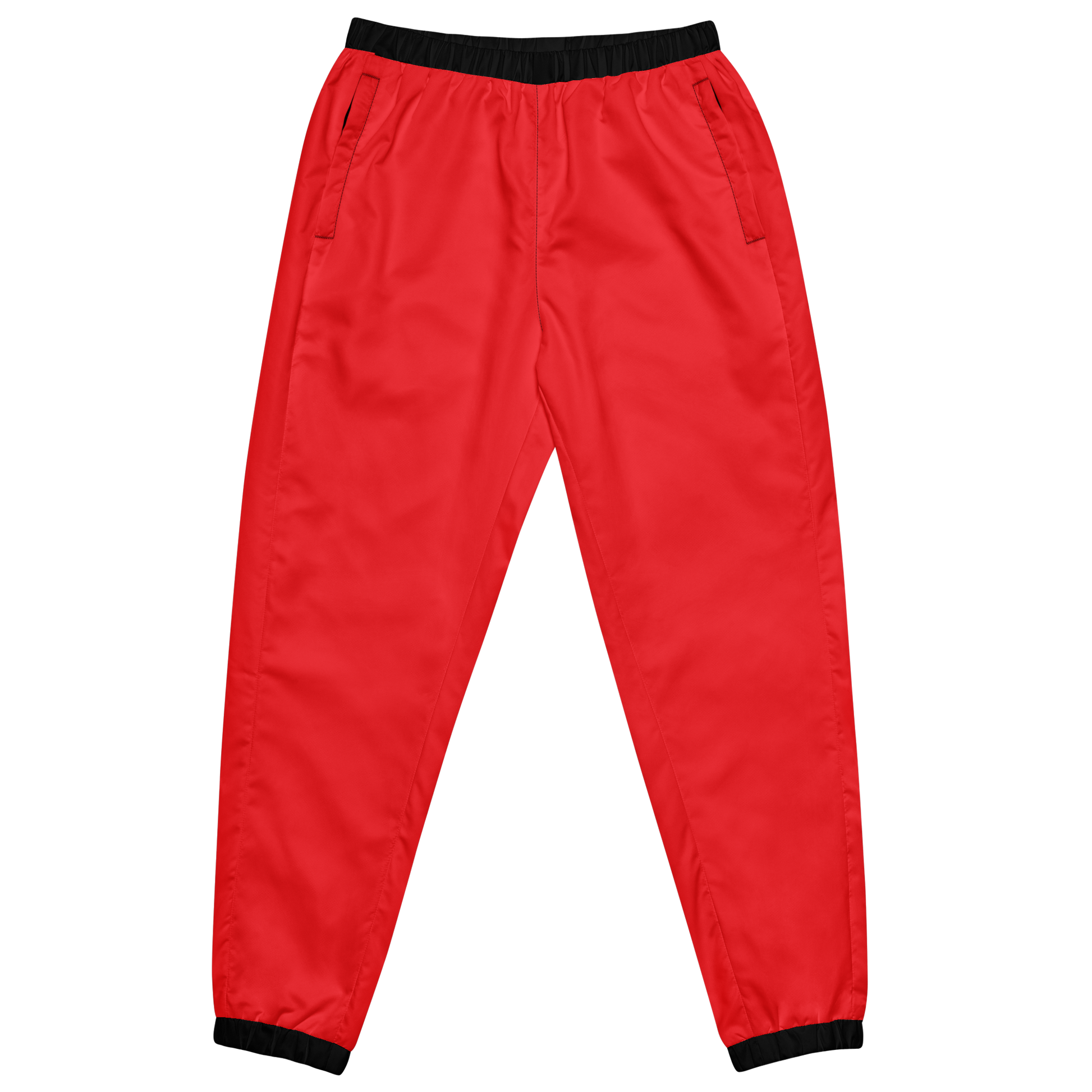 Red Edition Track Pants, close-up of lightweight polyester fabric with elastic ankle cuffs.