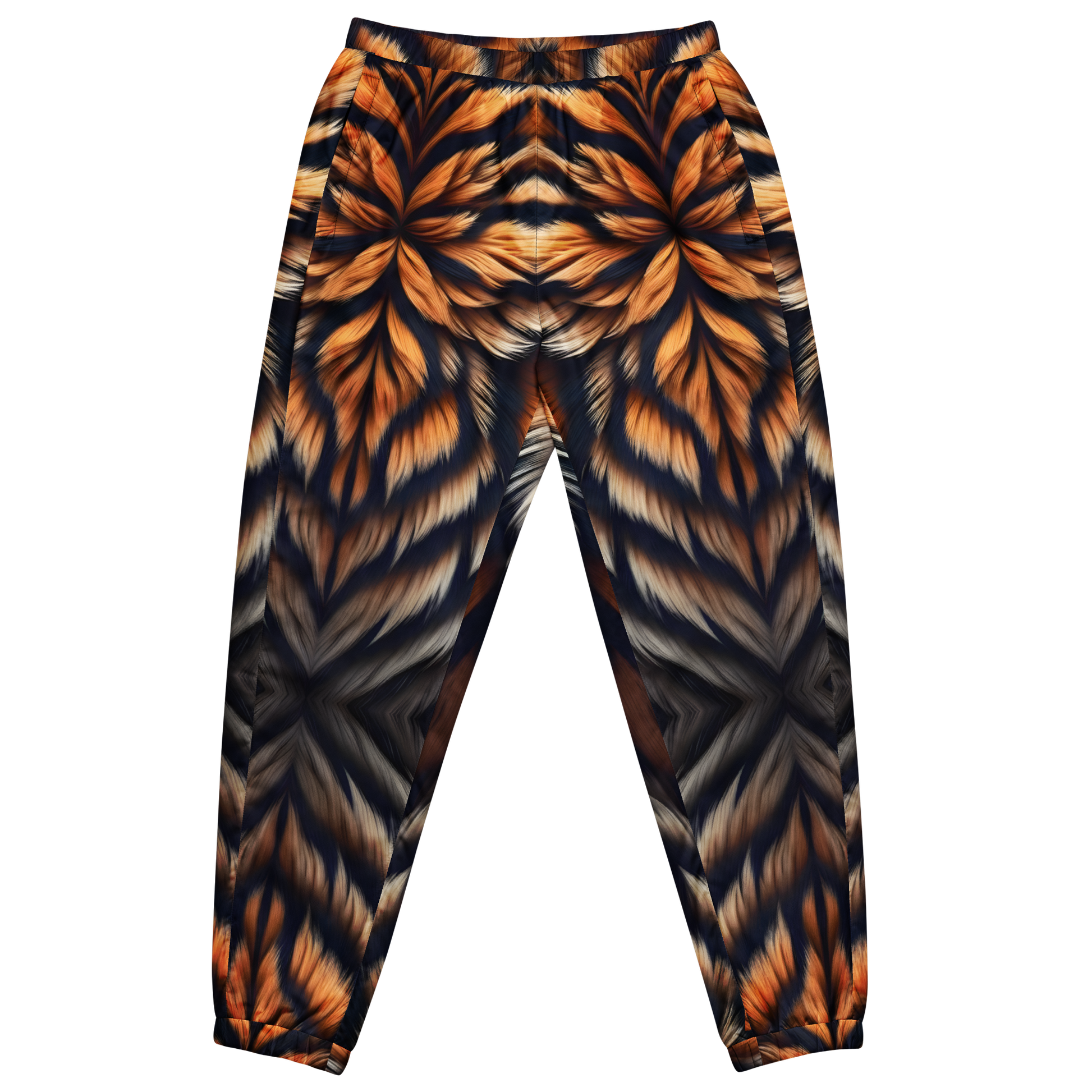 Ember Tiger Track Pants with tiger pattern, elastic cuffs, and zip pockets.