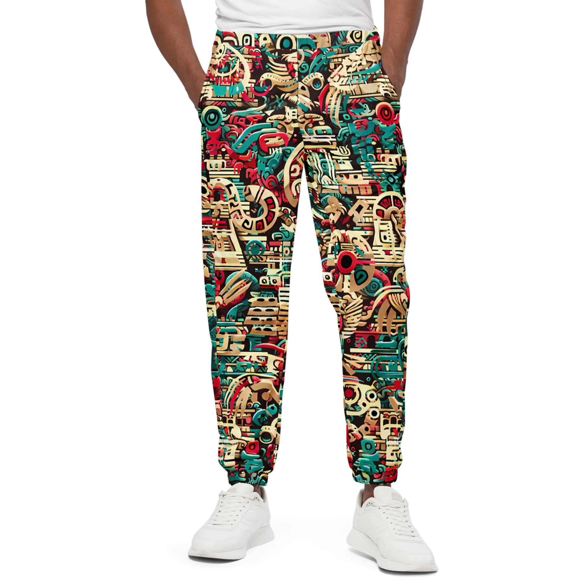 K'uk'ul Horizon Track Pants with colorful patterns, elastic cuffs visible.