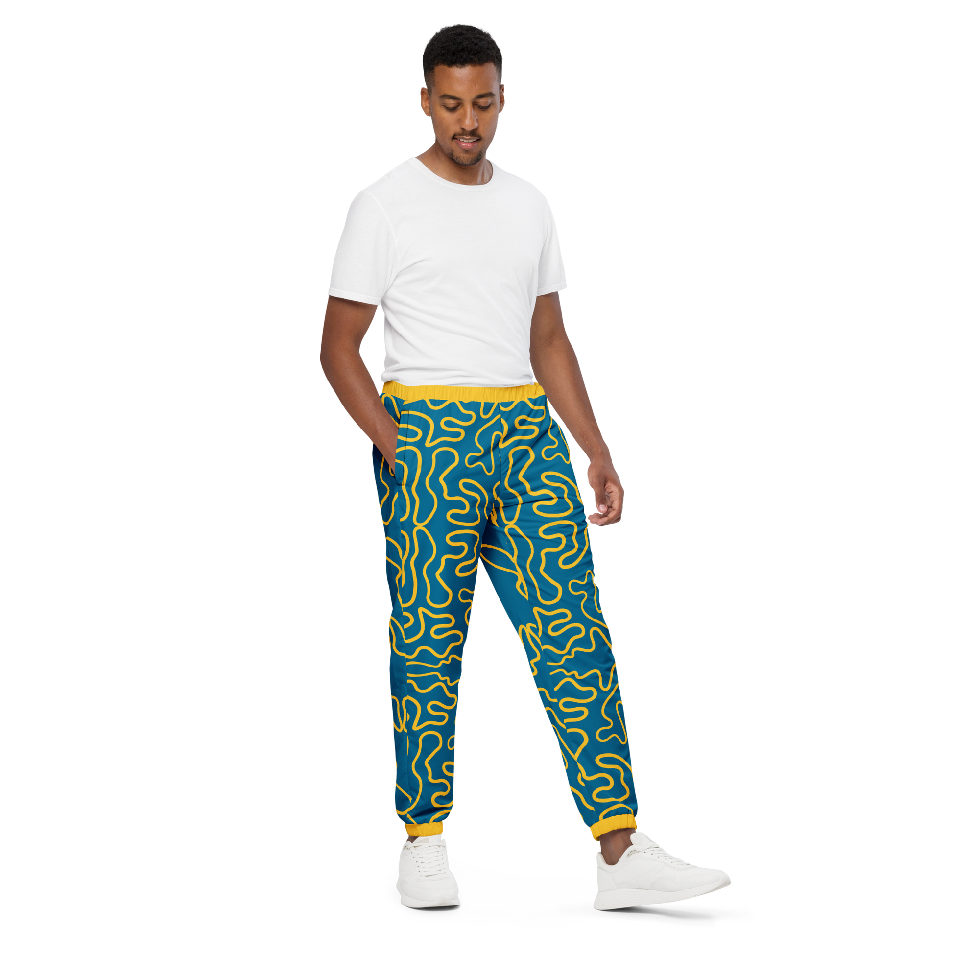 Wavy Line Track Pants showcasing elastic ankle cuffs and relaxed fit.